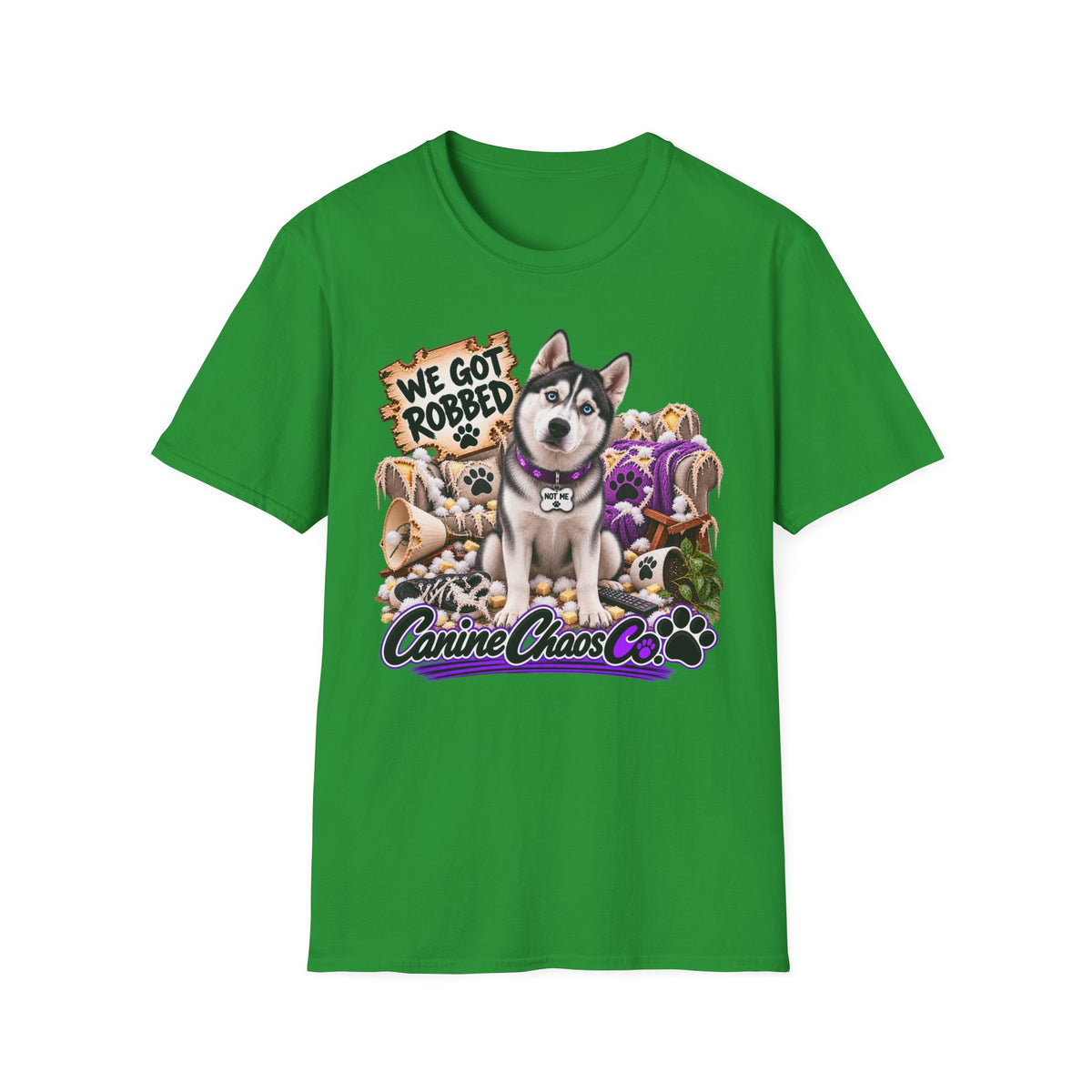 Husky Rescue Tee — “We Got Robbed” Canine Chaos Co. Graphic T-Shirt