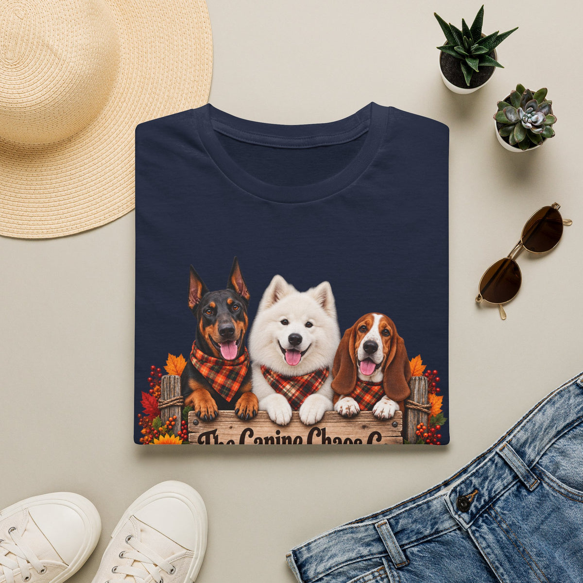 T-Shirt — Fall Dogs Trio "The Canine Chase Co." Plaid Pumpkin Tee