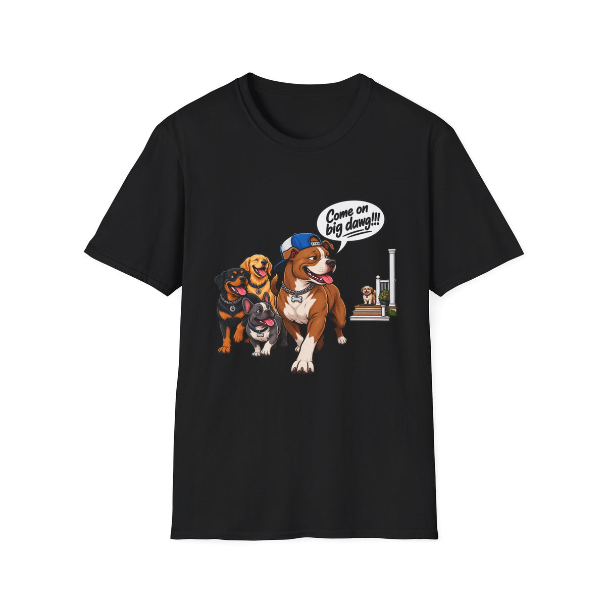 Dog Pack T‑Shirt — “Come on big dawg!” Cartoon Rescue Dogs Tee