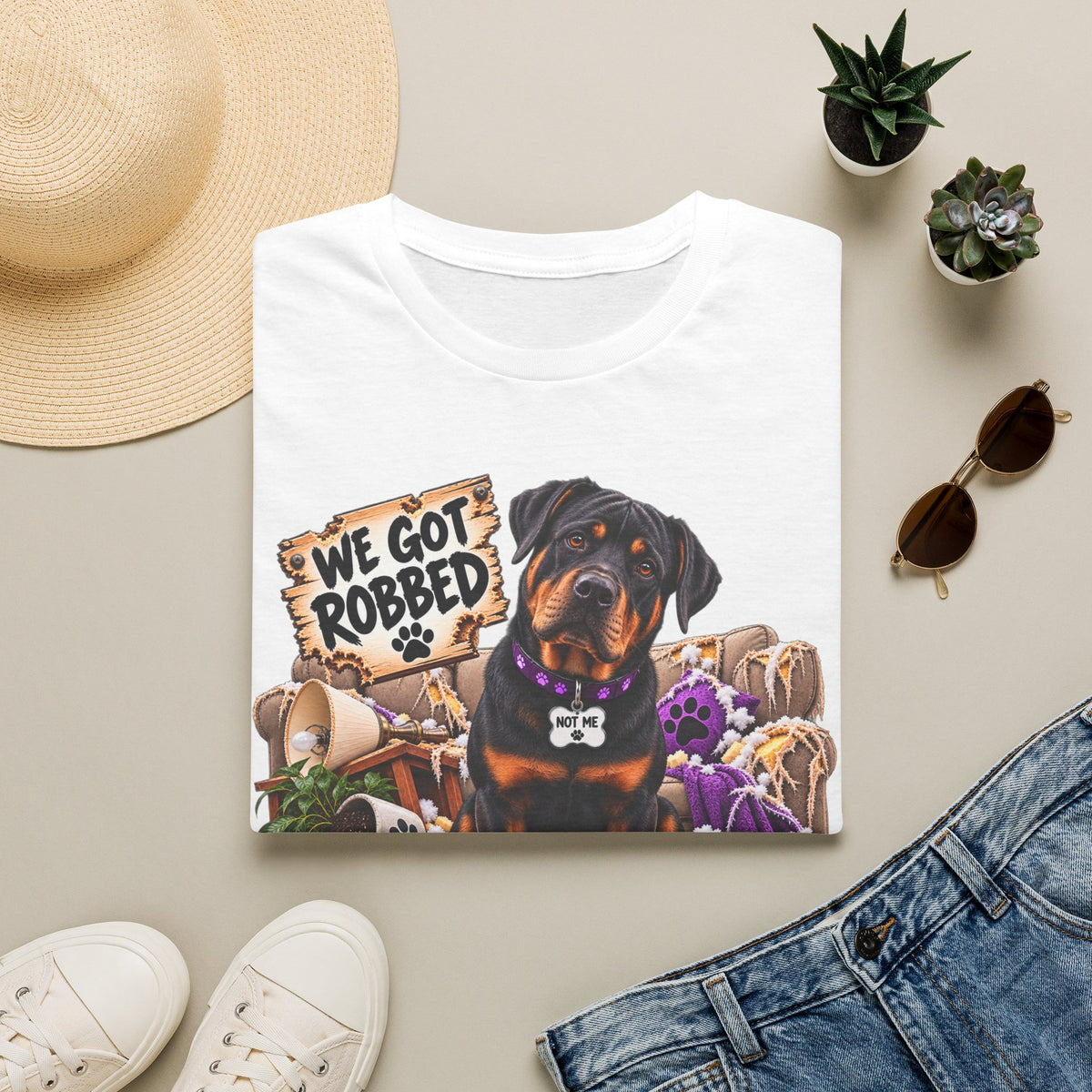 Rottweiler Dog Tee — "We Got Robbed" Canine Chaos Co. Graphic Shirt