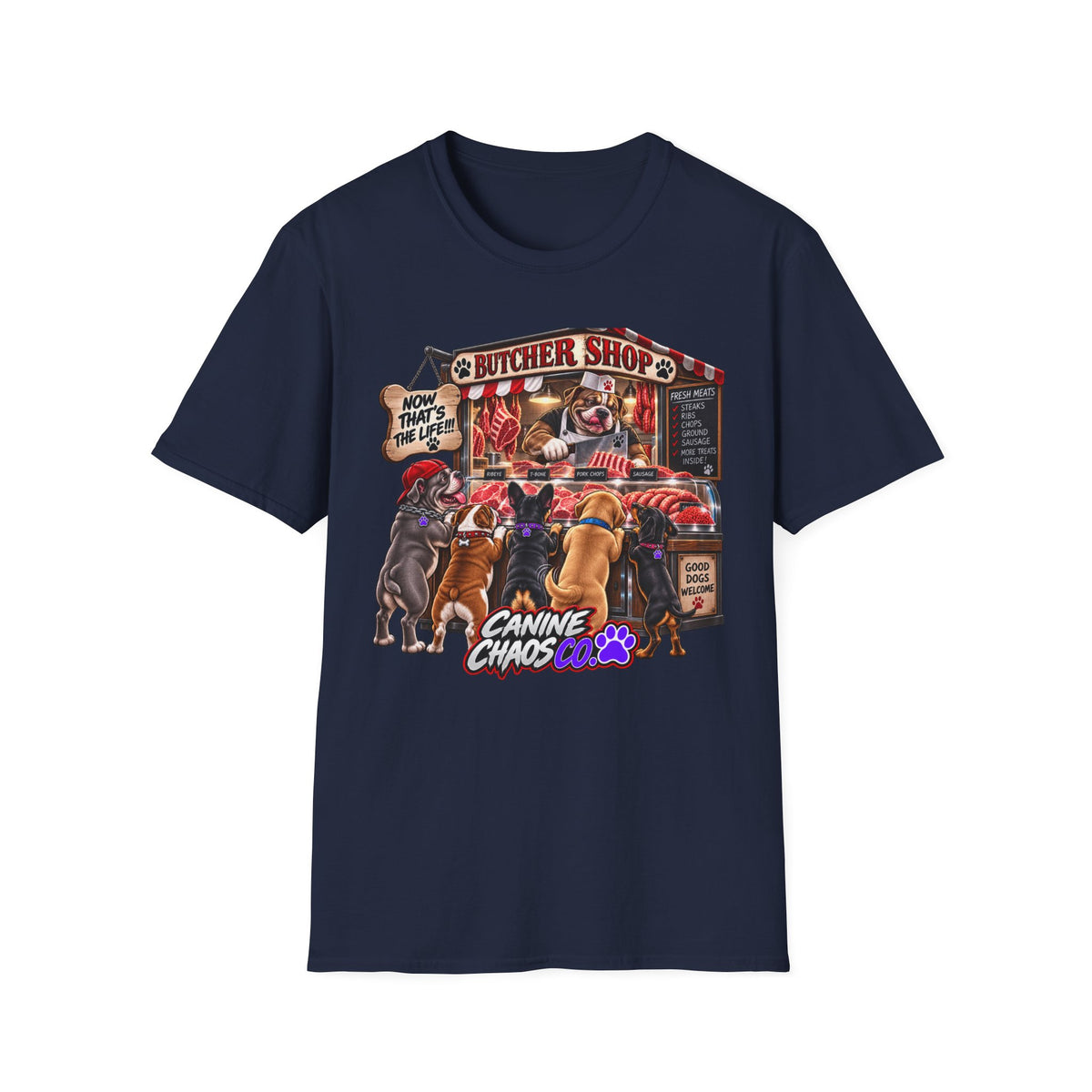 Canine Chaos Butcher Shop T-Shirt — Funny Dog Lover Graphic Tee