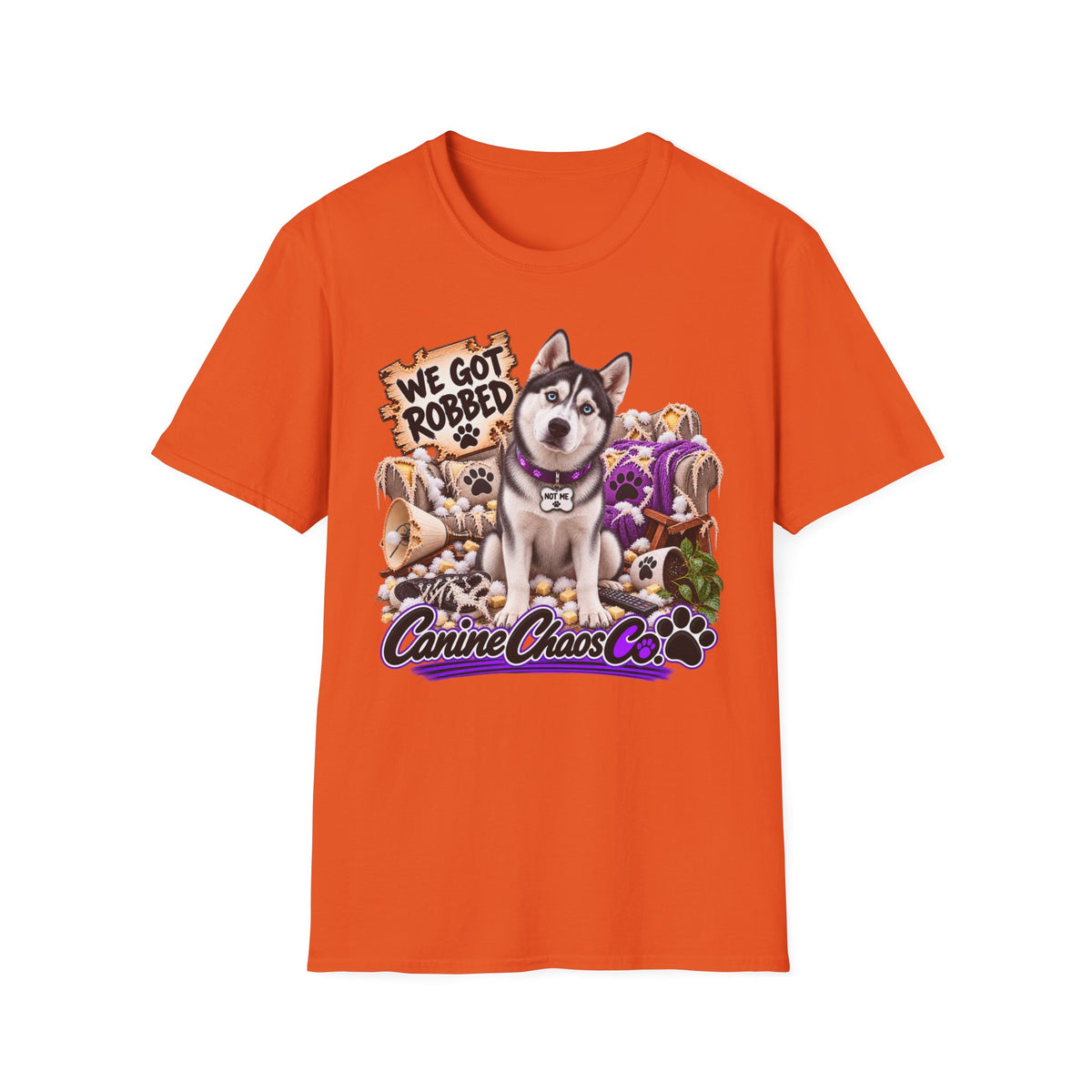 Husky Rescue Tee — “We Got Robbed” Canine Chaos Co. Graphic T-Shirt