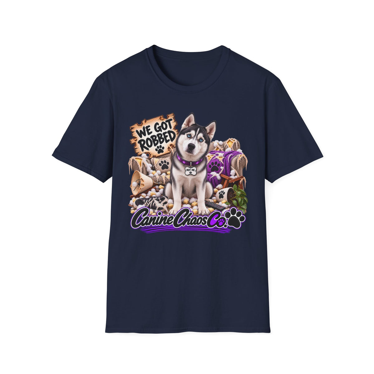 Husky Rescue Tee — “We Got Robbed” Canine Chaos Co. Graphic T-Shirt