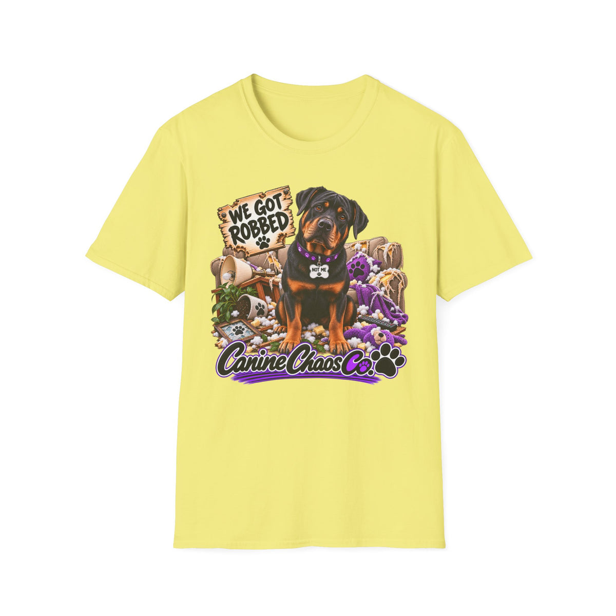 Rottweiler Dog Tee — "We Got Robbed" Canine Chaos Co. Graphic Shirt