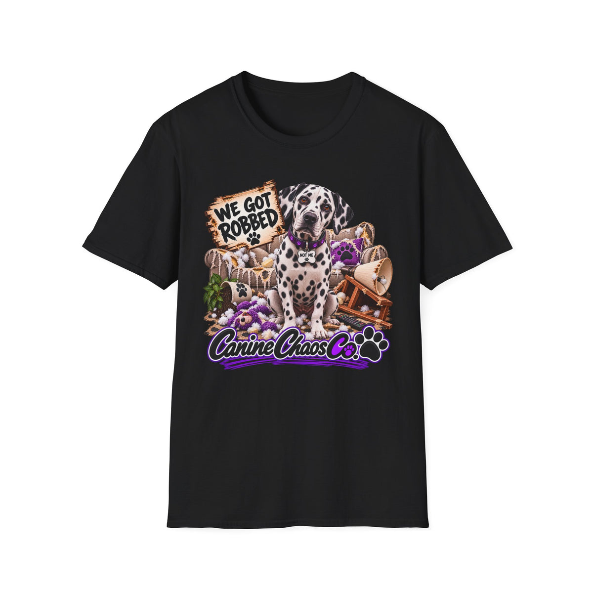 Canine Chaos Co. Dalmatian Tee — "We Got Robbed" Dog Rescue Humor T-Shirt