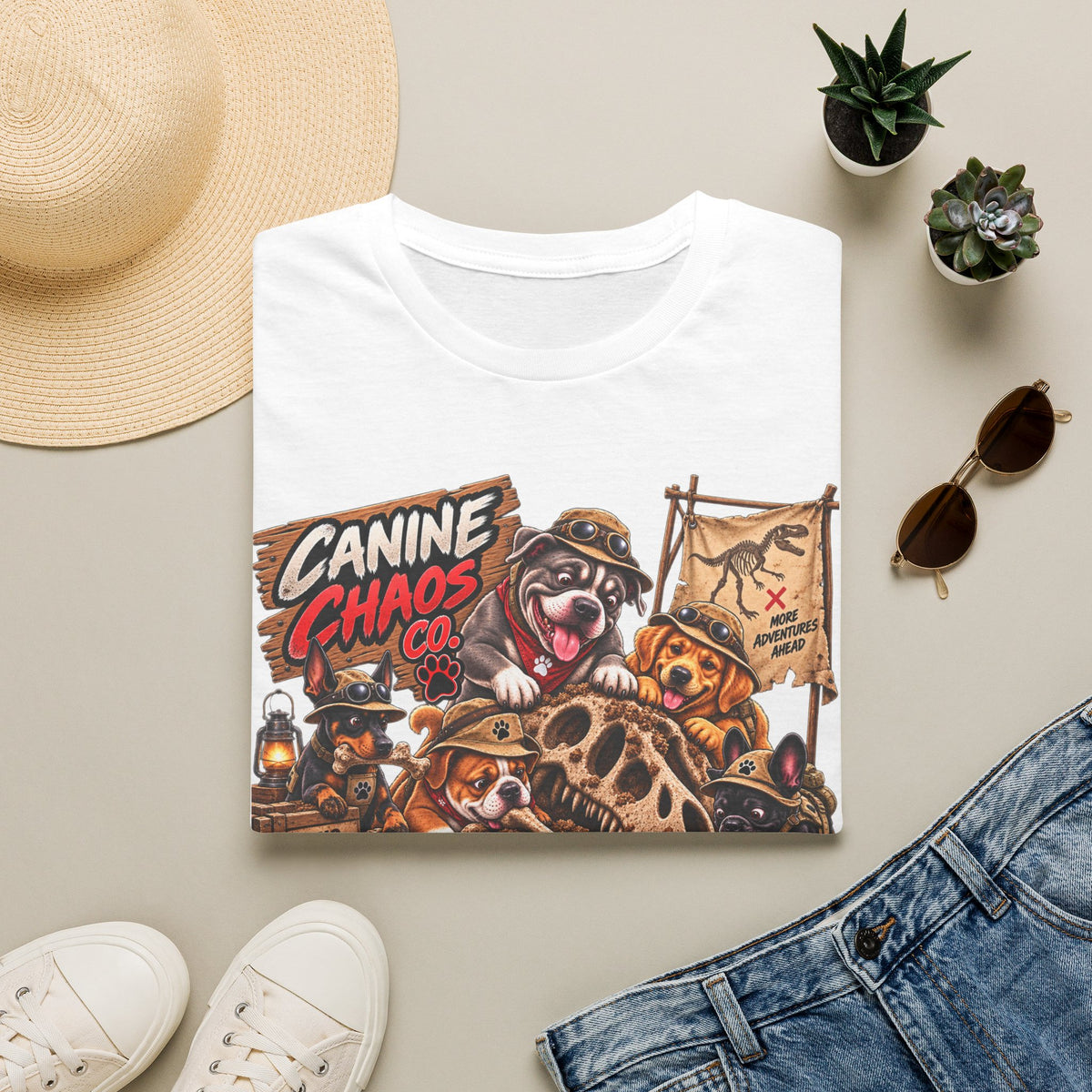 Canine Chaos Co. Graphic T‑Shirt — Funny Dog Skeleton Adventure Tee