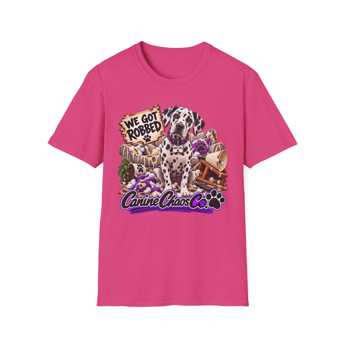 Canine Chaos Co. Dalmatian Tee — "We Got Robbed" Dog Rescue Humor T-Shirt