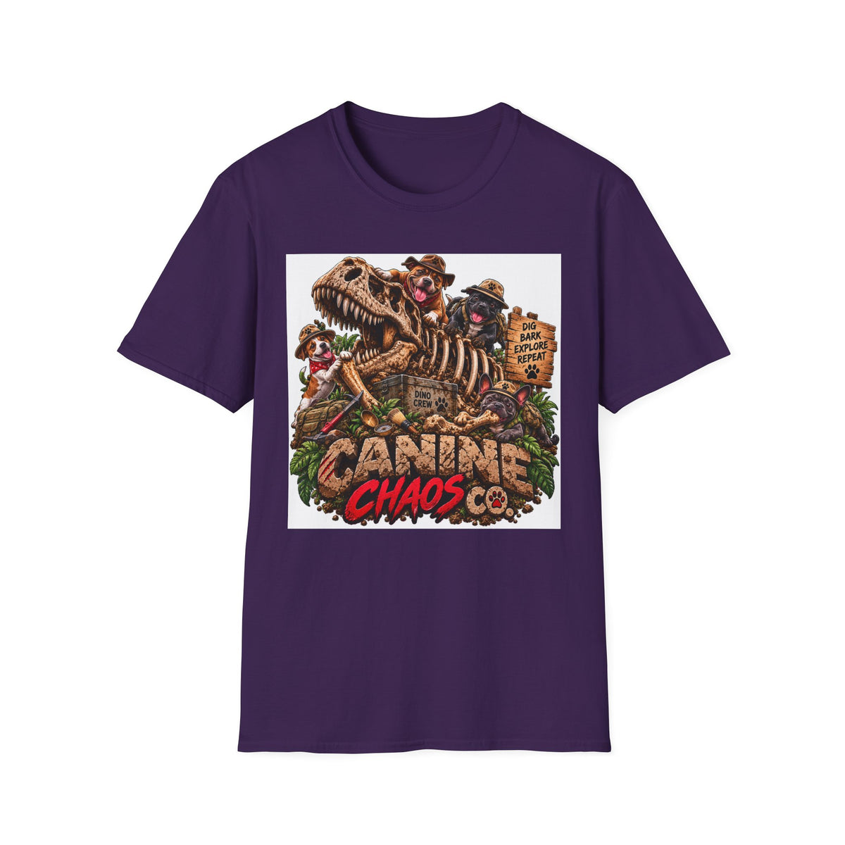 Canine Chaos Co. T-Shirt – Dino Skeleton Dog Adventure Graphic Tee