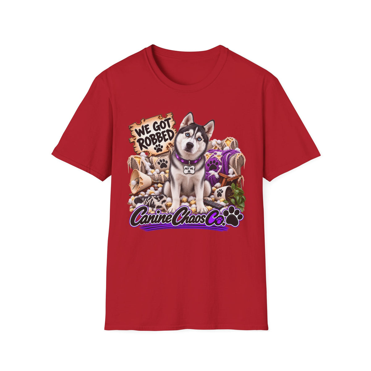 Husky Rescue Tee — “We Got Robbed” Canine Chaos Co. Graphic T-Shirt