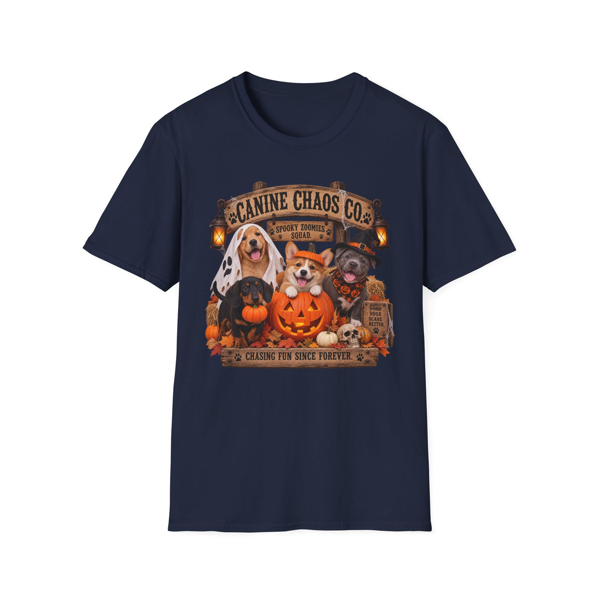 Canine Chaos Co. Halloween Dog T-Shirt — 'Chasing Fun Since Forever'