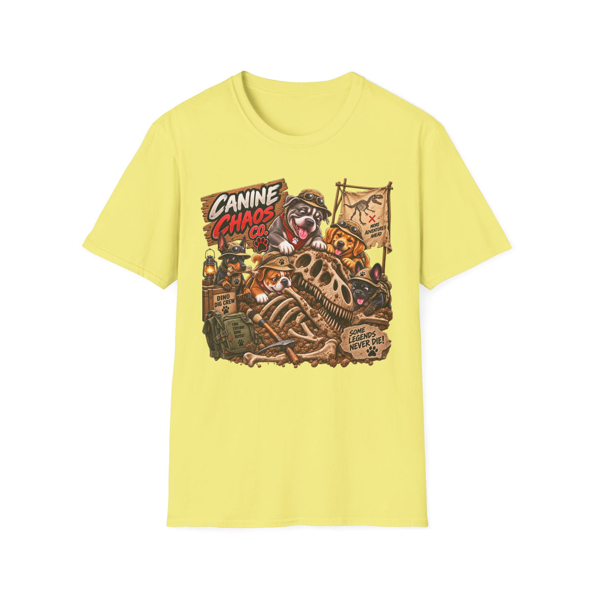Canine Chaos Co. Graphic T‑Shirt — Funny Dog Skeleton Adventure Tee