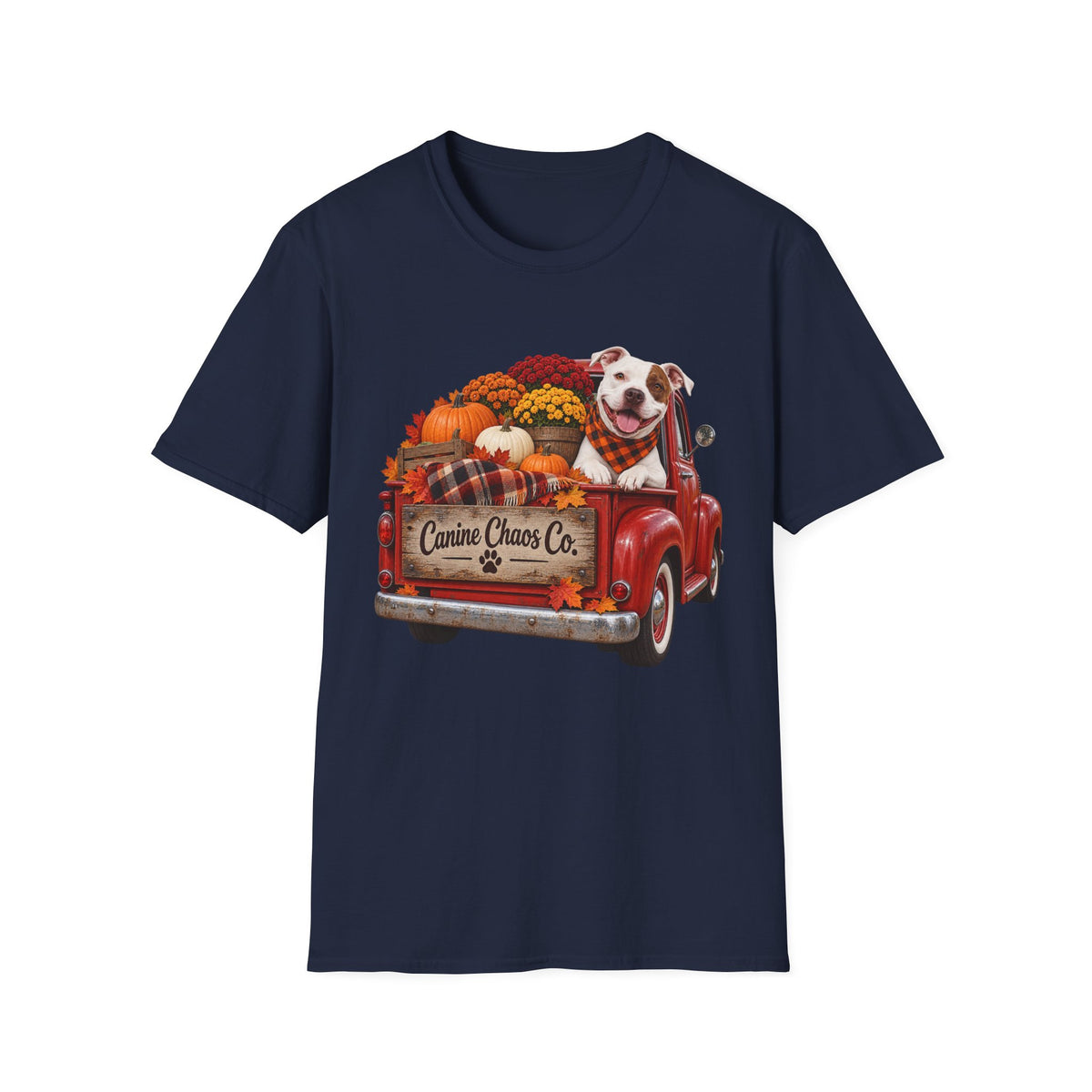 Fall Pickup Truck Dog T-Shirt — "Canine Chaos Co." Autumn Pet Tee