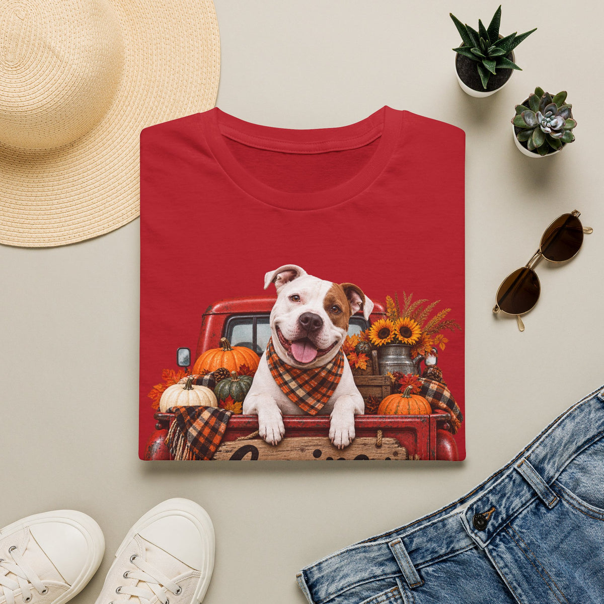 Dog Truck Fall T-Shirt — Cute Pitbull with Pumpkins & Sunflowers