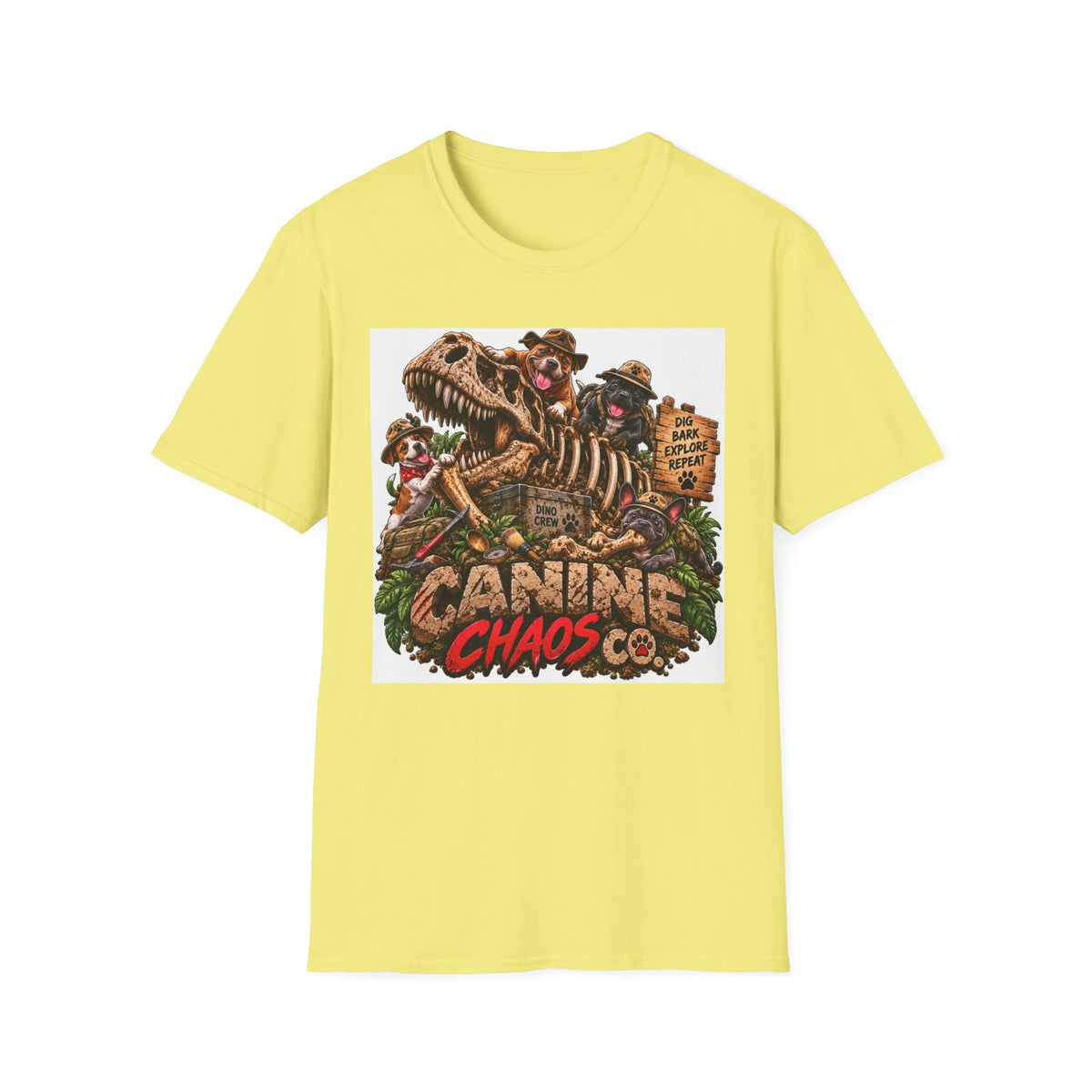Canine Chaos Co. T-Shirt – Dino Skeleton Dog Adventure Graphic Tee
