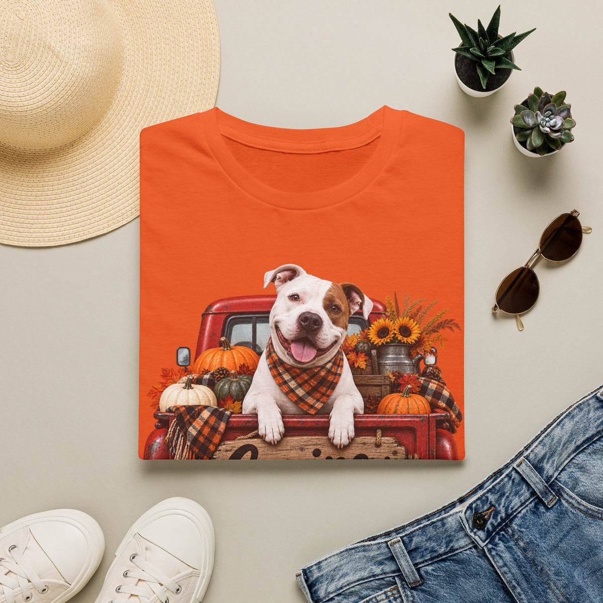 Dog Truck Fall T-Shirt — Cute Pitbull with Pumpkins & Sunflowers