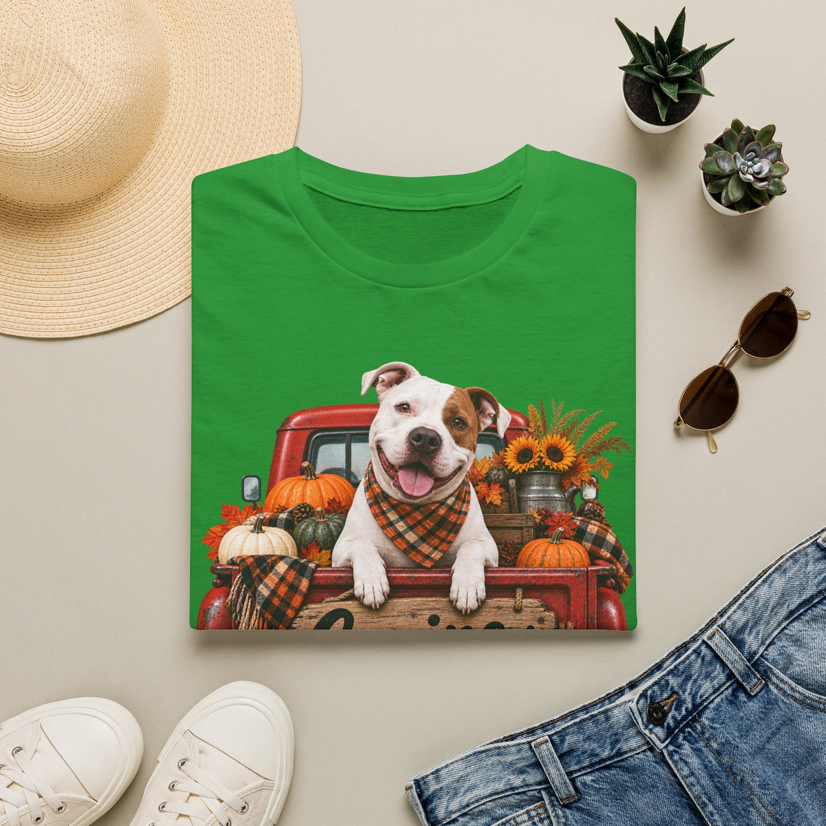 Dog Truck Fall T-Shirt — Cute Pitbull with Pumpkins & Sunflowers