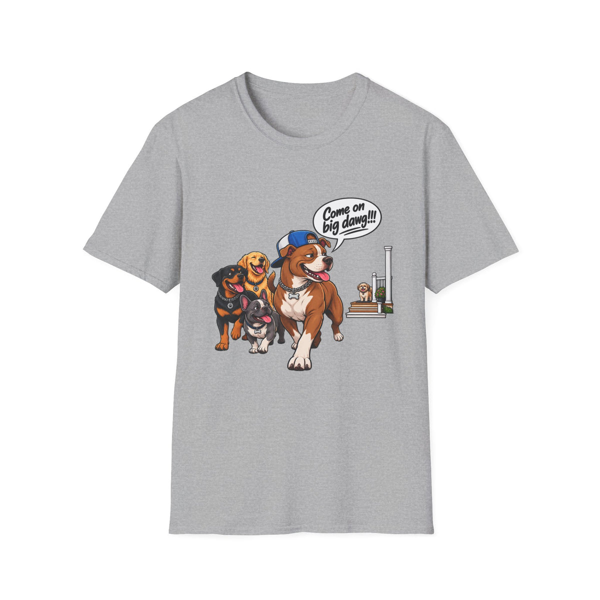 Dog Pack T‑Shirt — “Come on big dawg!” Cartoon Rescue Dogs Tee