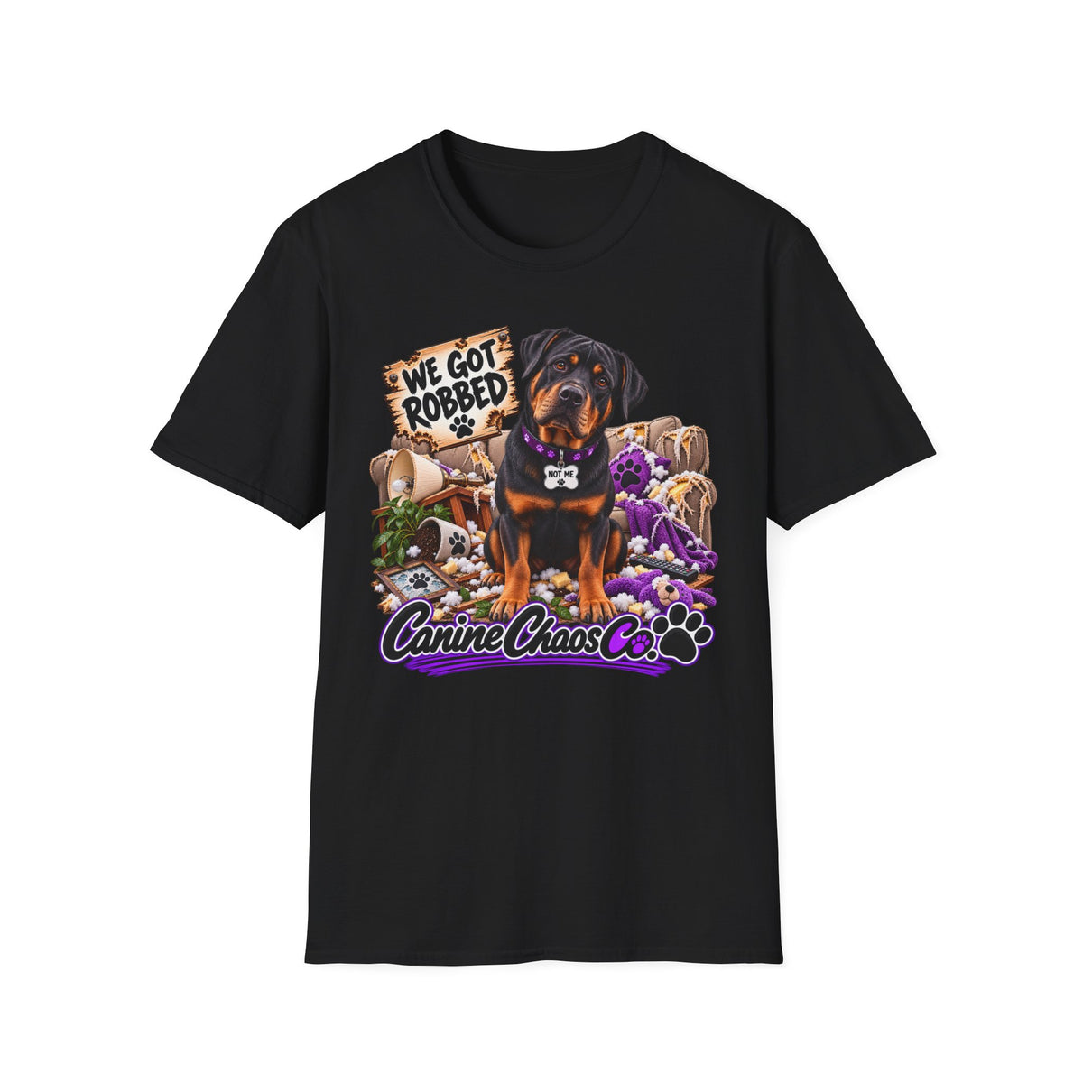 Rottweiler Dog Tee — "We Got Robbed" Canine Chaos Co. Graphic Shirt