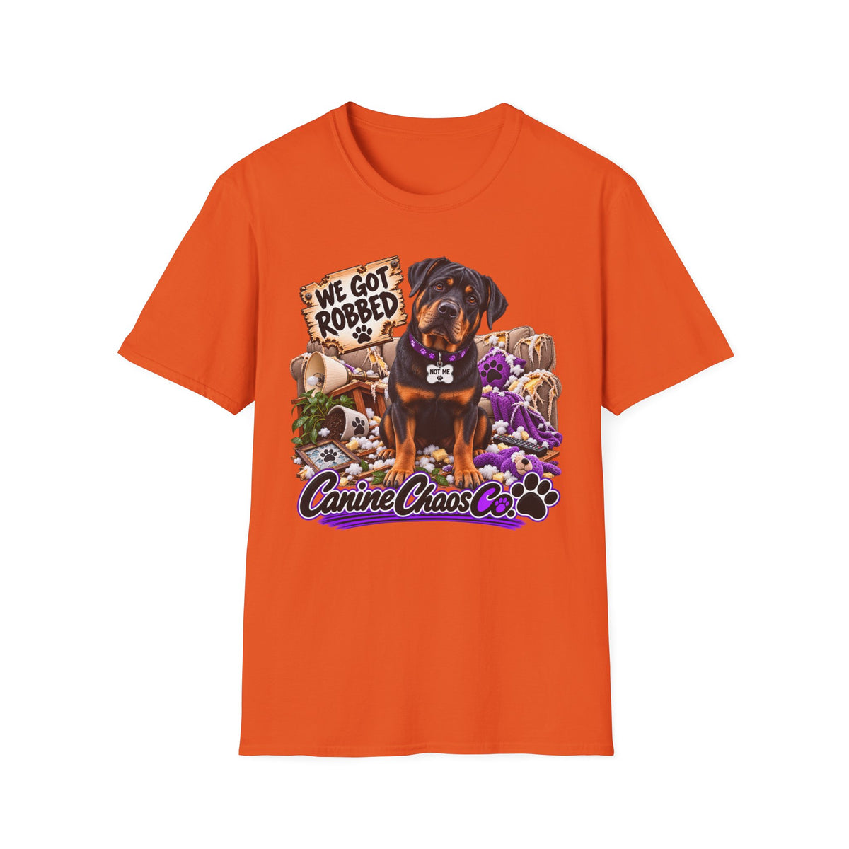 Rottweiler Dog Tee — "We Got Robbed" Canine Chaos Co. Graphic Shirt
