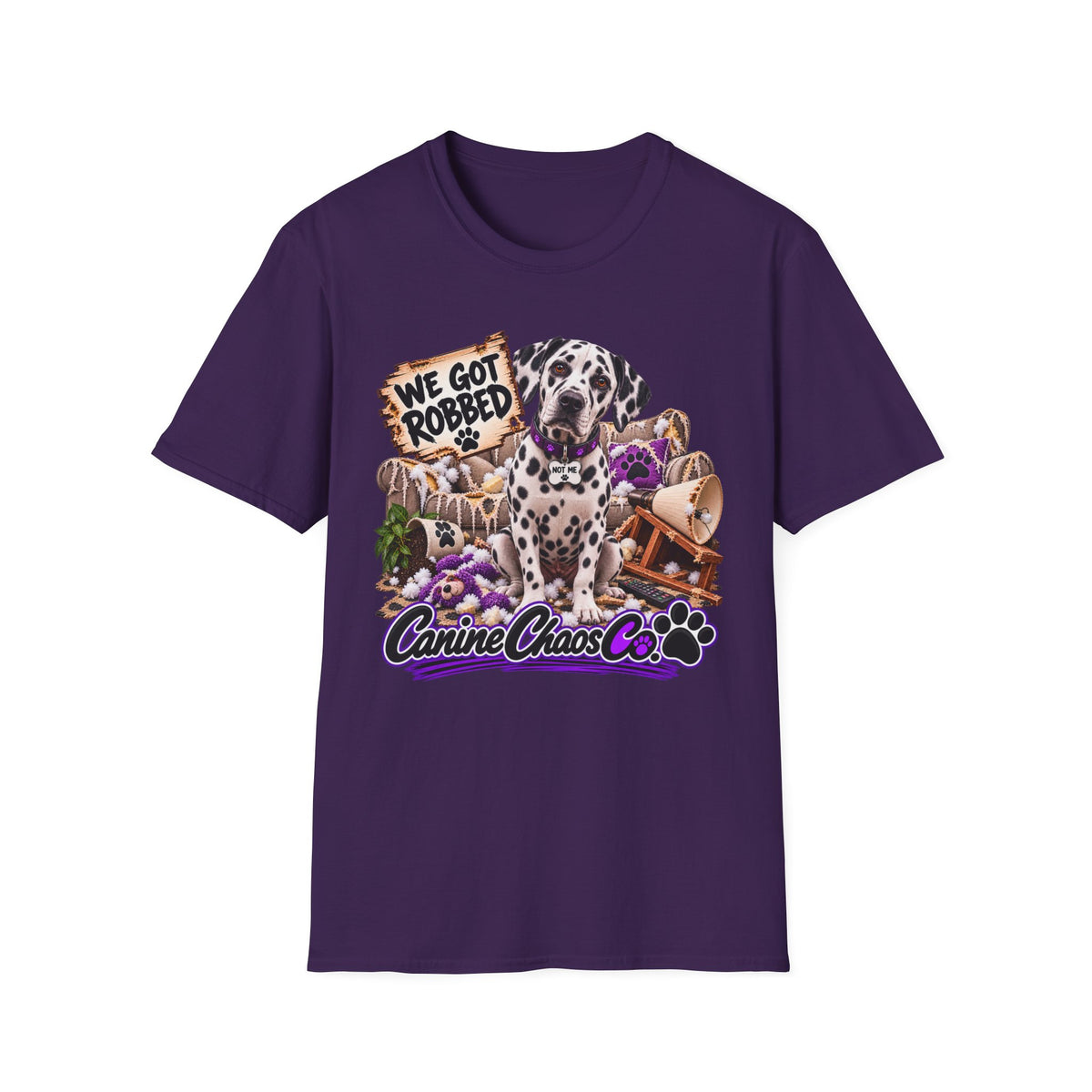 Canine Chaos Co. Dalmatian Tee — "We Got Robbed" Dog Rescue Humor T-Shirt