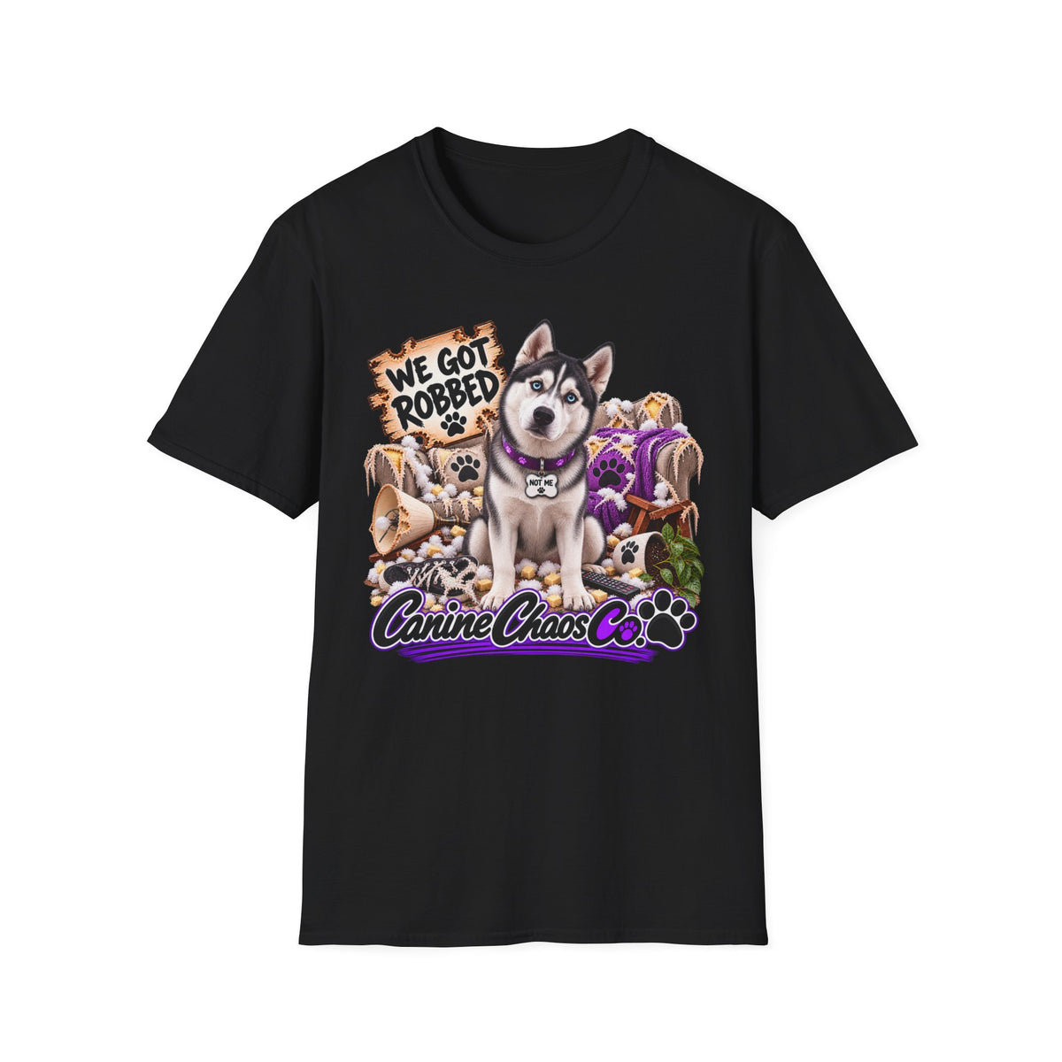 Husky Rescue Tee — “We Got Robbed” Canine Chaos Co. Graphic T-Shirt