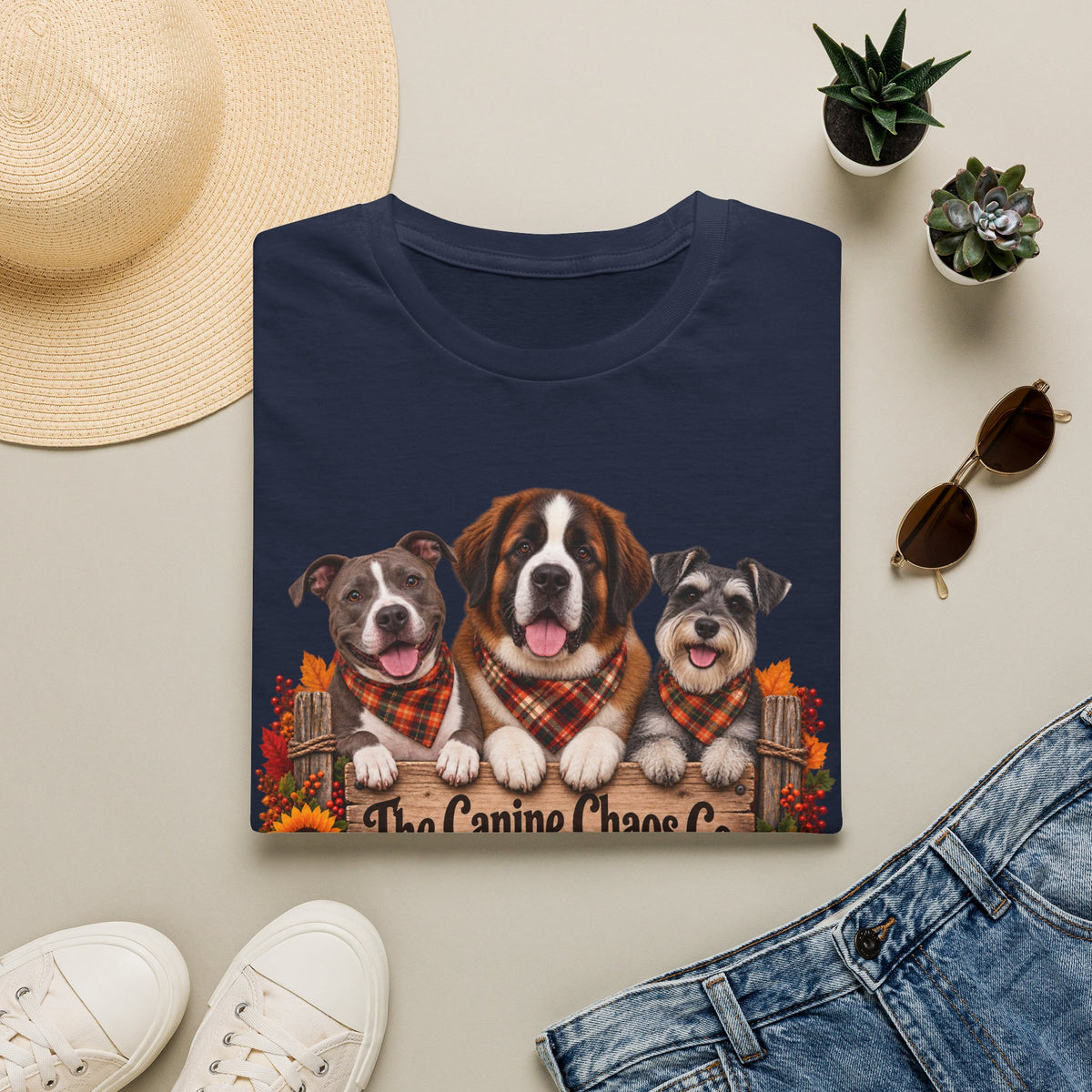 Fall Dog Trio T-Shirt — "The Canine Chaos Co." Plaid Pumpkin Tee