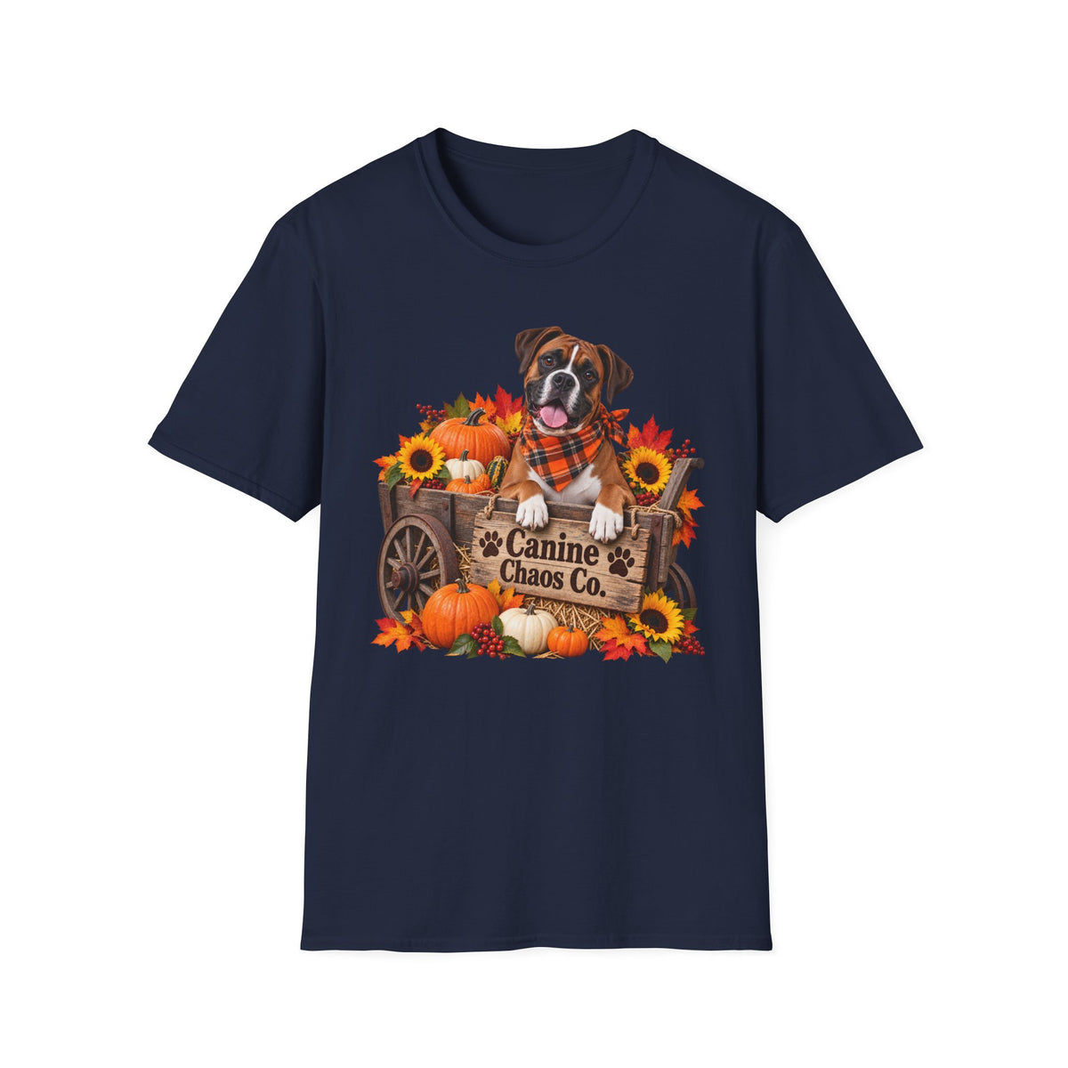 Fall Dog Pumpkin T‑Shirt — 'Canine Chaos Co.' Autumn Wagon Graphic