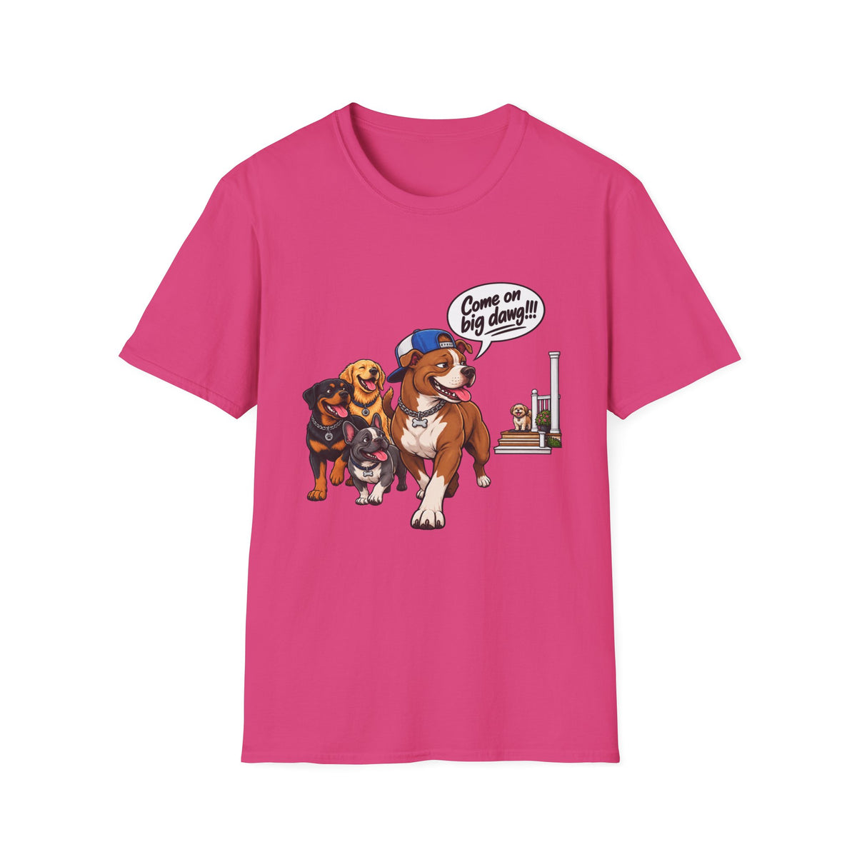 Dog Pack T‑Shirt — “Come on big dawg!” Cartoon Rescue Dogs Tee