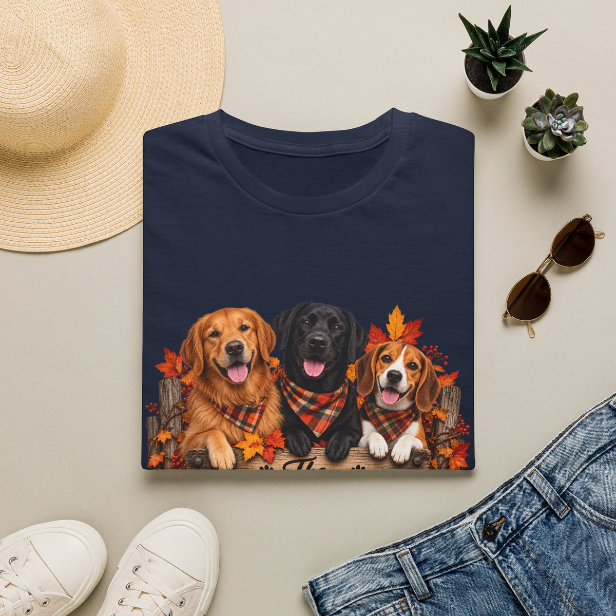 Three Fall Dogs T-Shirt | Autumn Leaves Labrador Beagle Graphic