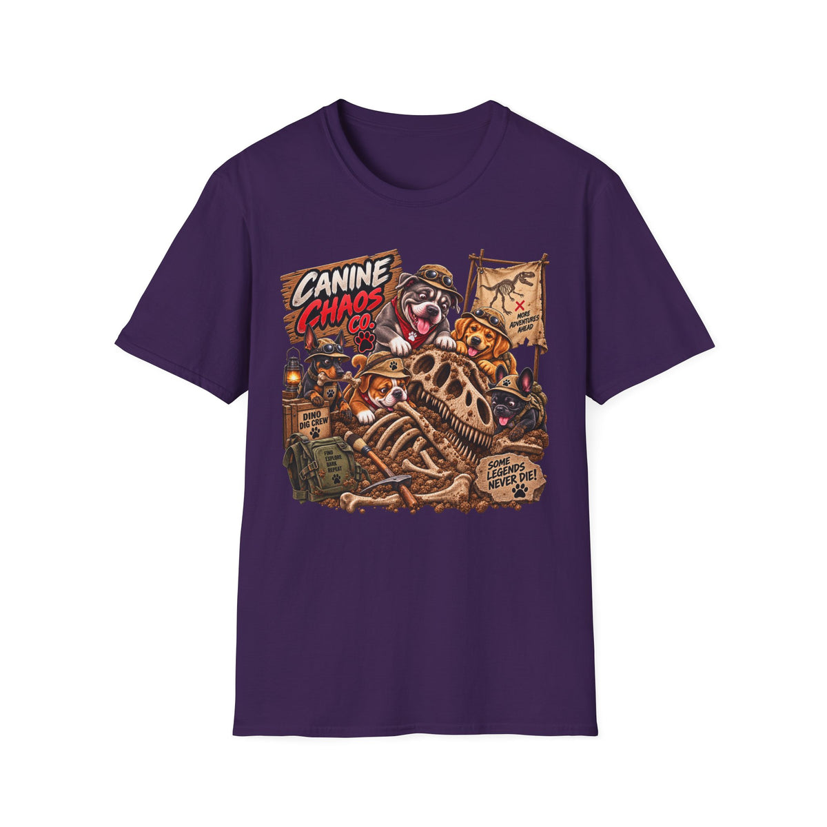Canine Chaos Co. Graphic T‑Shirt — Funny Dog Skeleton Adventure Tee