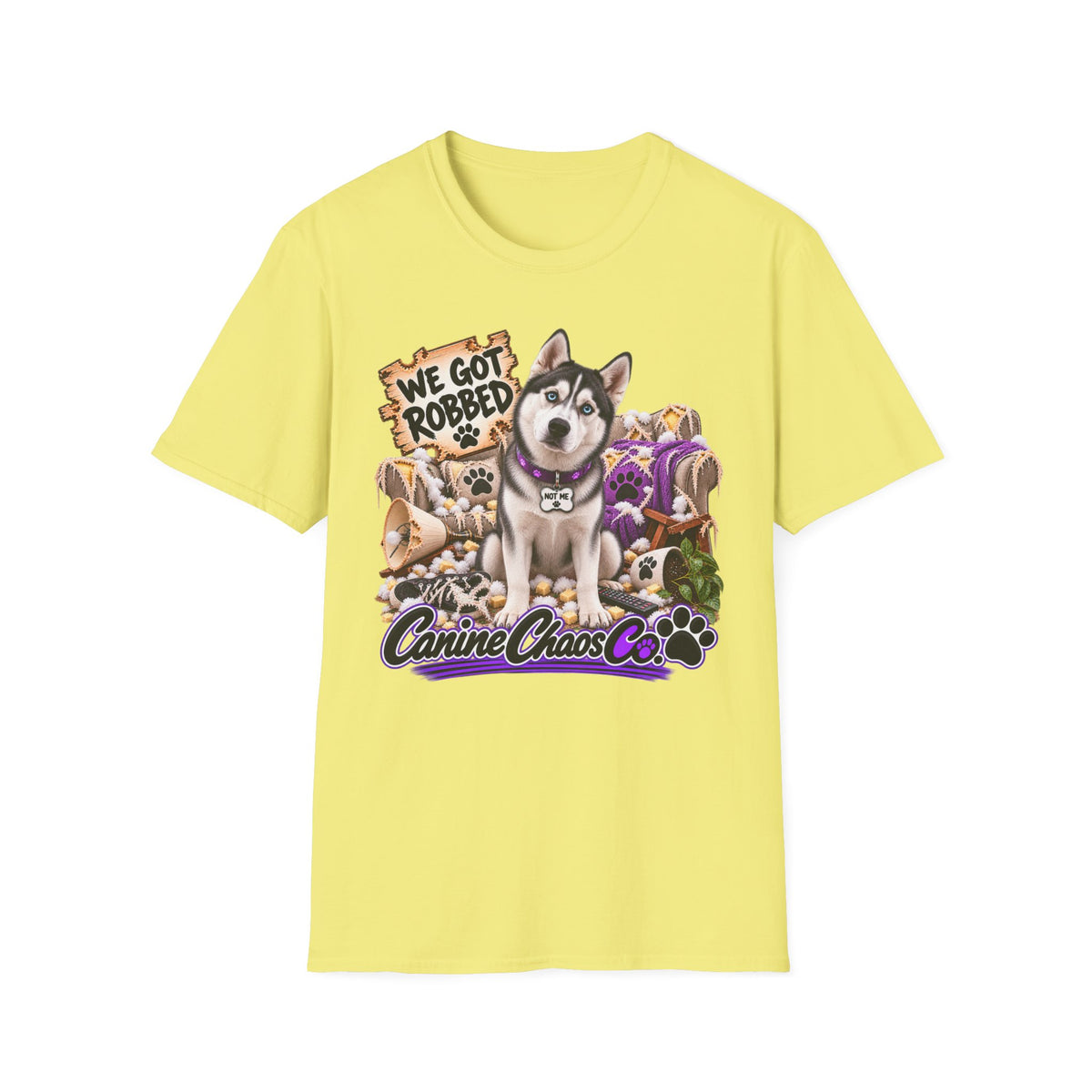Husky Rescue Tee — “We Got Robbed” Canine Chaos Co. Graphic T-Shirt