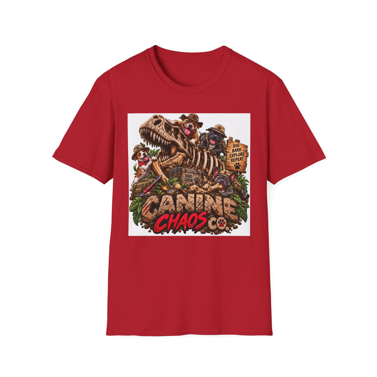 Canine Chaos Co. T-Shirt – Dino Skeleton Dog Adventure Graphic Tee