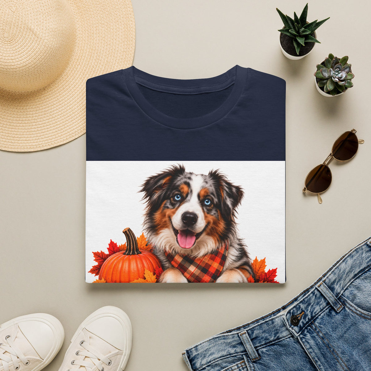 Autumn Aussie Dog T-Shirt — "Canine Chest Co." Fall Pumpkin Plaid Tee