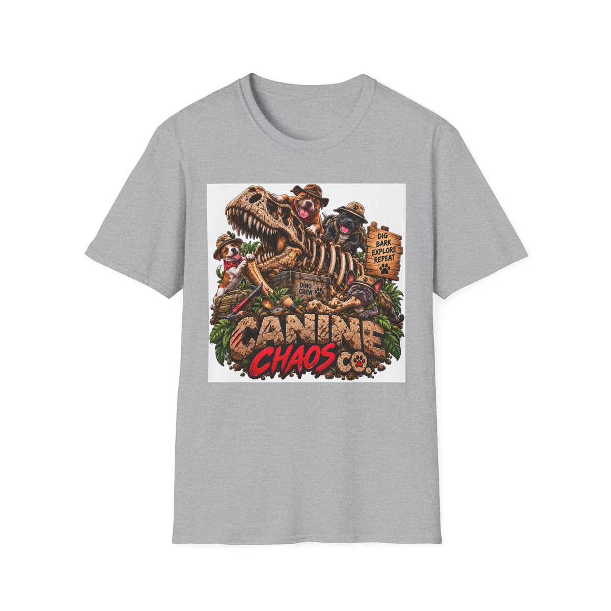 Canine Chaos Co. T-Shirt – Dino Skeleton Dog Adventure Graphic Tee