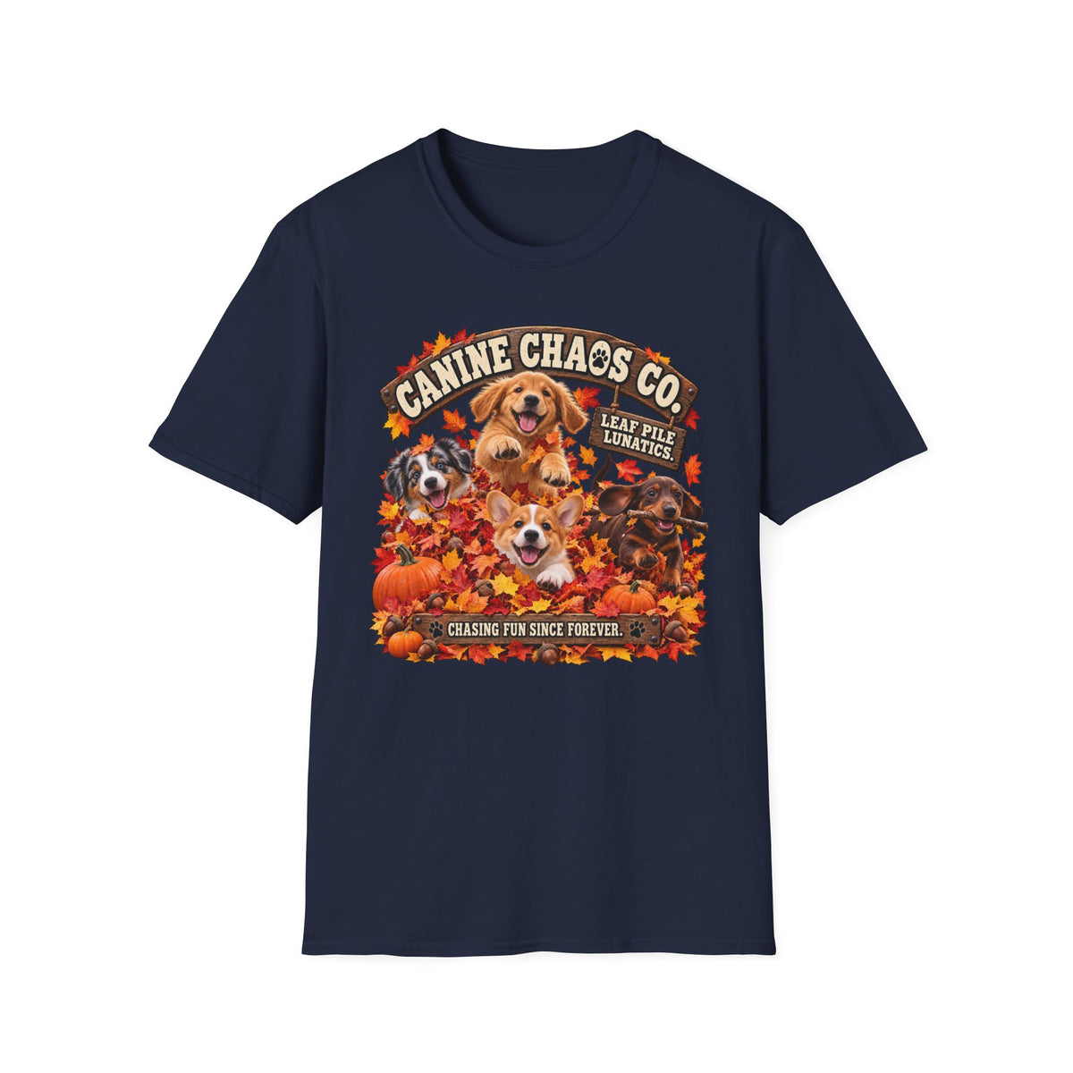 Canine Chaos Co. Fall Dogs T-Shirt — 'Leaf Pile Fanatics' Autumn Puppy Tee