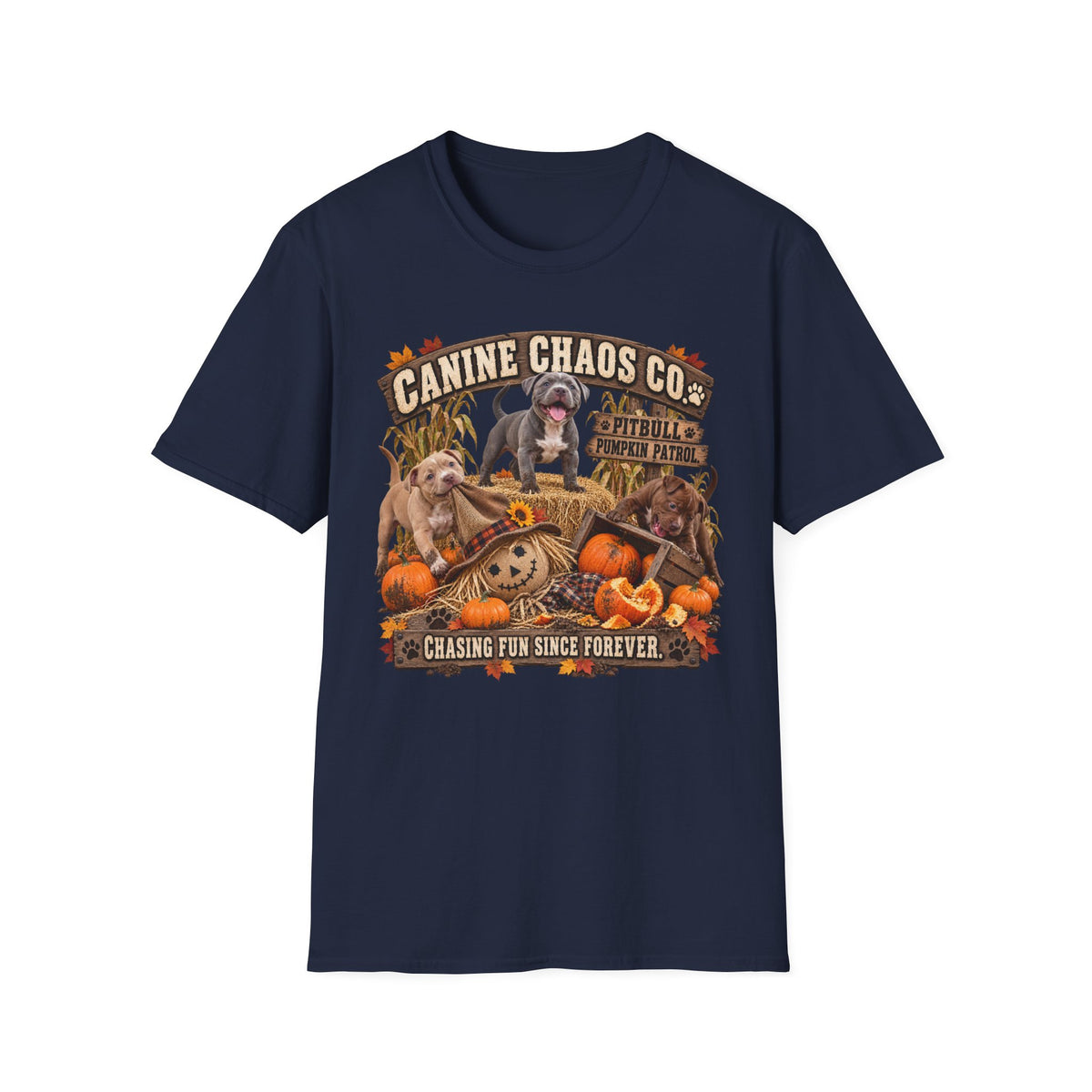 Canine Chaos Co. Halloween Dog T-Shirt — "Chasing Fun Since Forever" Fall Graphic Tee
