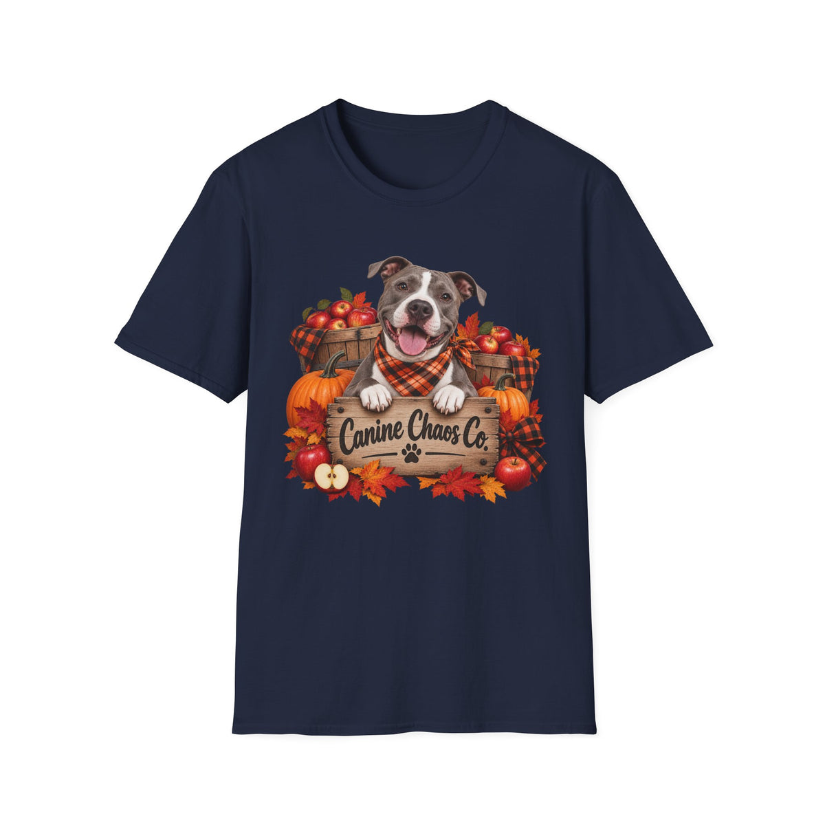Fall Dog T-Shirt — 'Canine Chaos Co.' Autumn Pumpkin & Leaves Tee