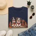 Three Dogs in Plaid Scarf Fall Leaves T-Shirt | Autumn Dog Trio