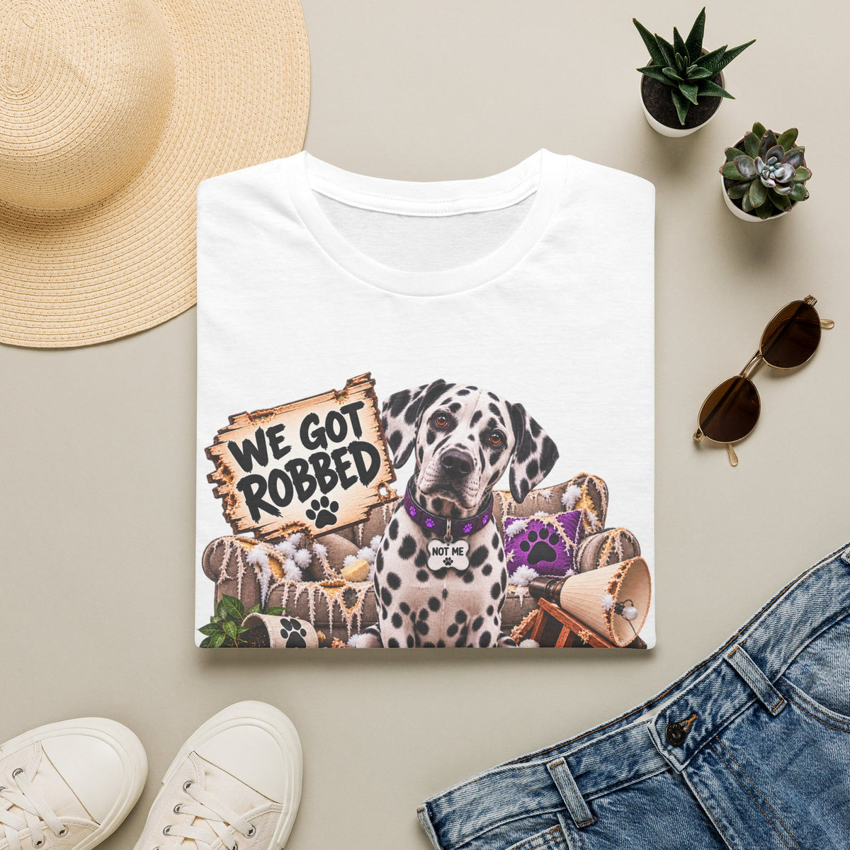 Canine Chaos Co. Dalmatian Tee — "We Got Robbed" Dog Rescue Humor T-Shirt