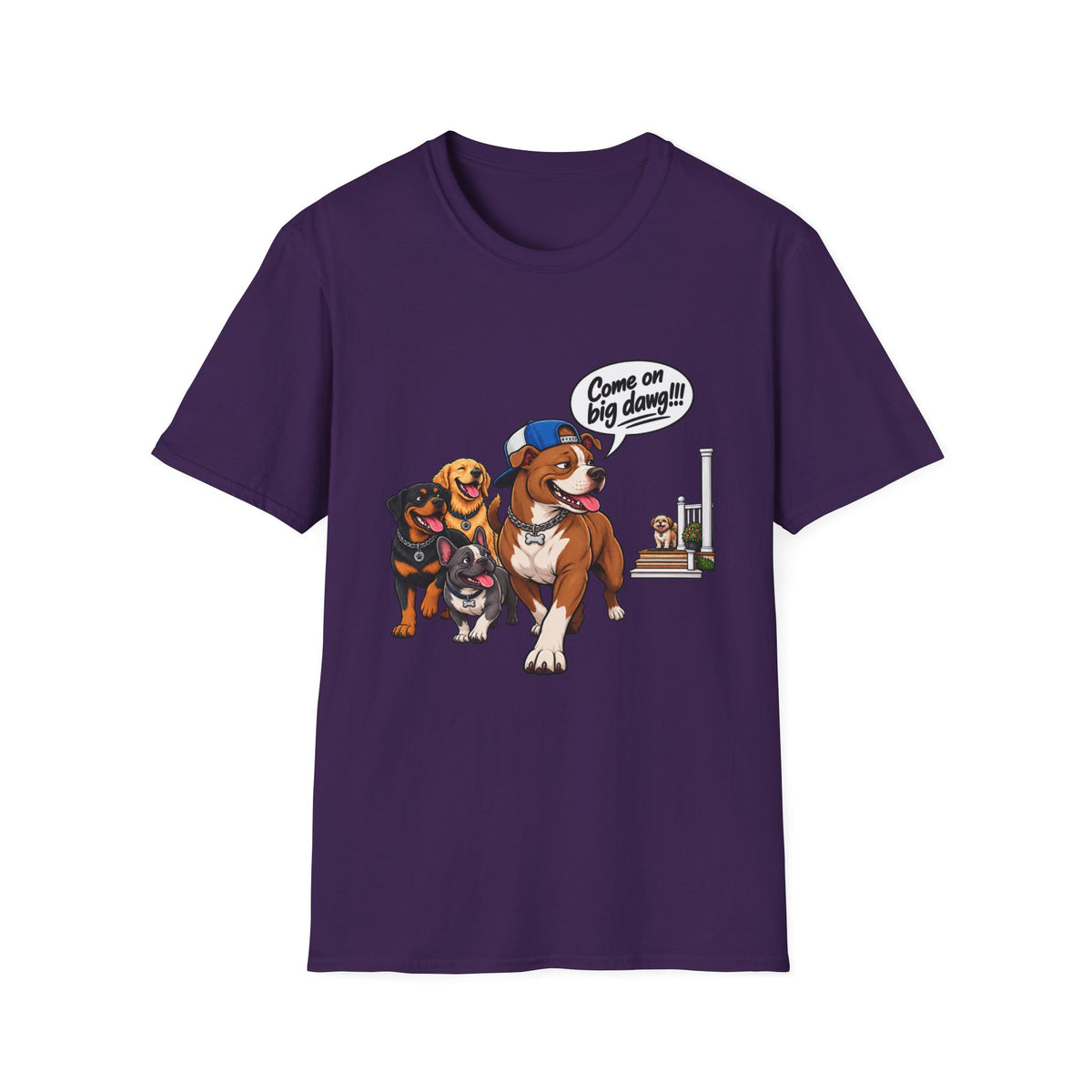 Dog Pack T‑Shirt — “Come on big dawg!” Cartoon Rescue Dogs Tee