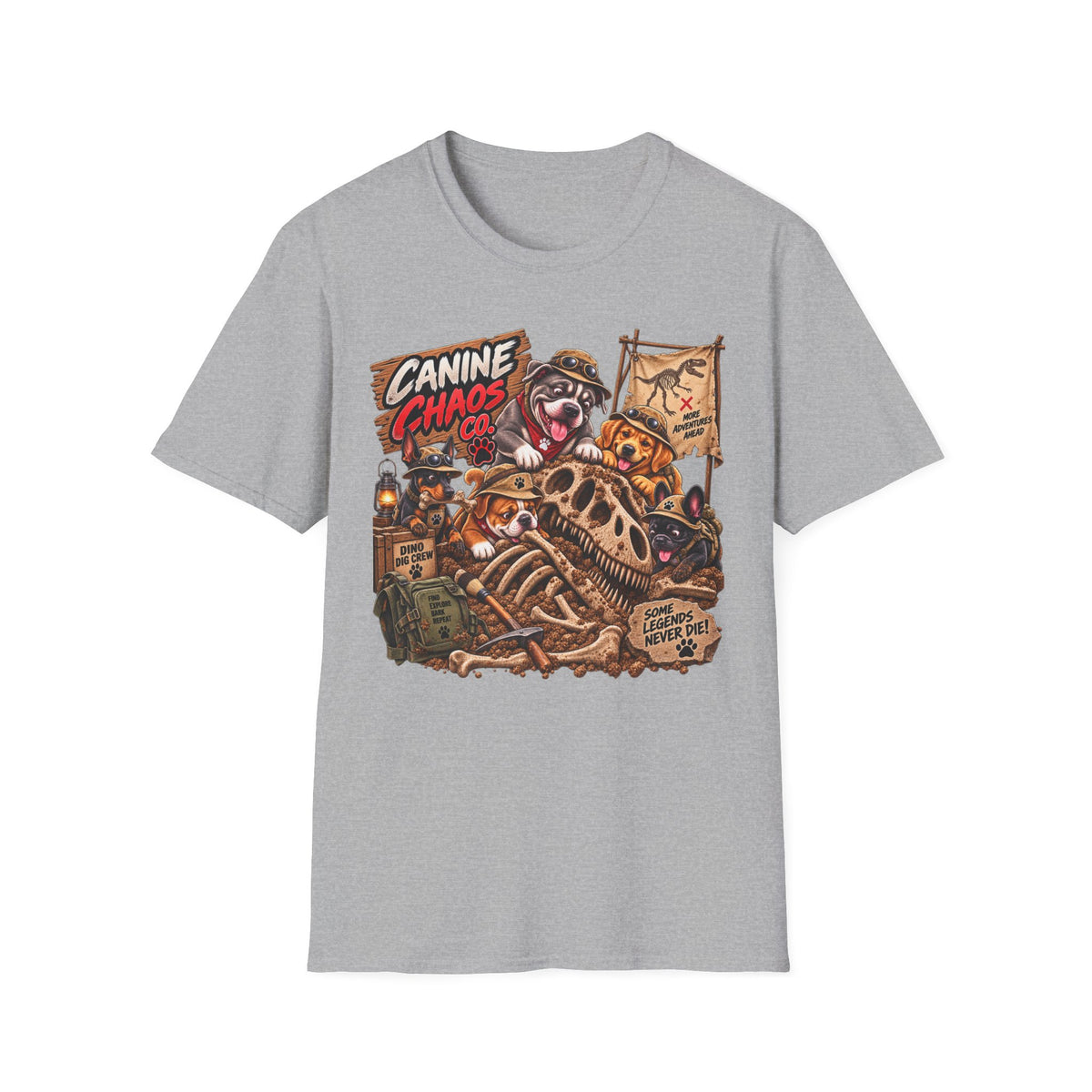 Canine Chaos Co. Graphic T‑Shirt — Funny Dog Skeleton Adventure Tee