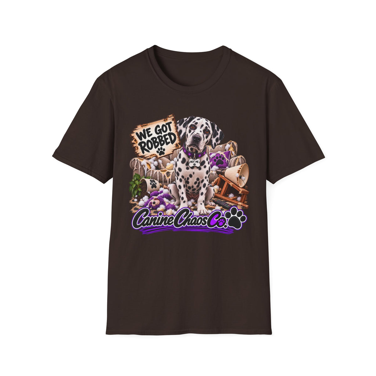 Canine Chaos Co. Dalmatian Tee — "We Got Robbed" Dog Rescue Humor T-Shirt