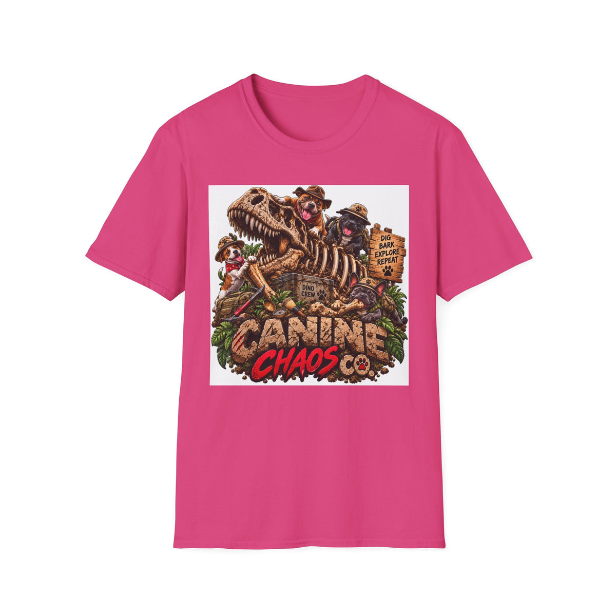Canine Chaos Co. T-Shirt – Dino Skeleton Dog Adventure Graphic Tee
