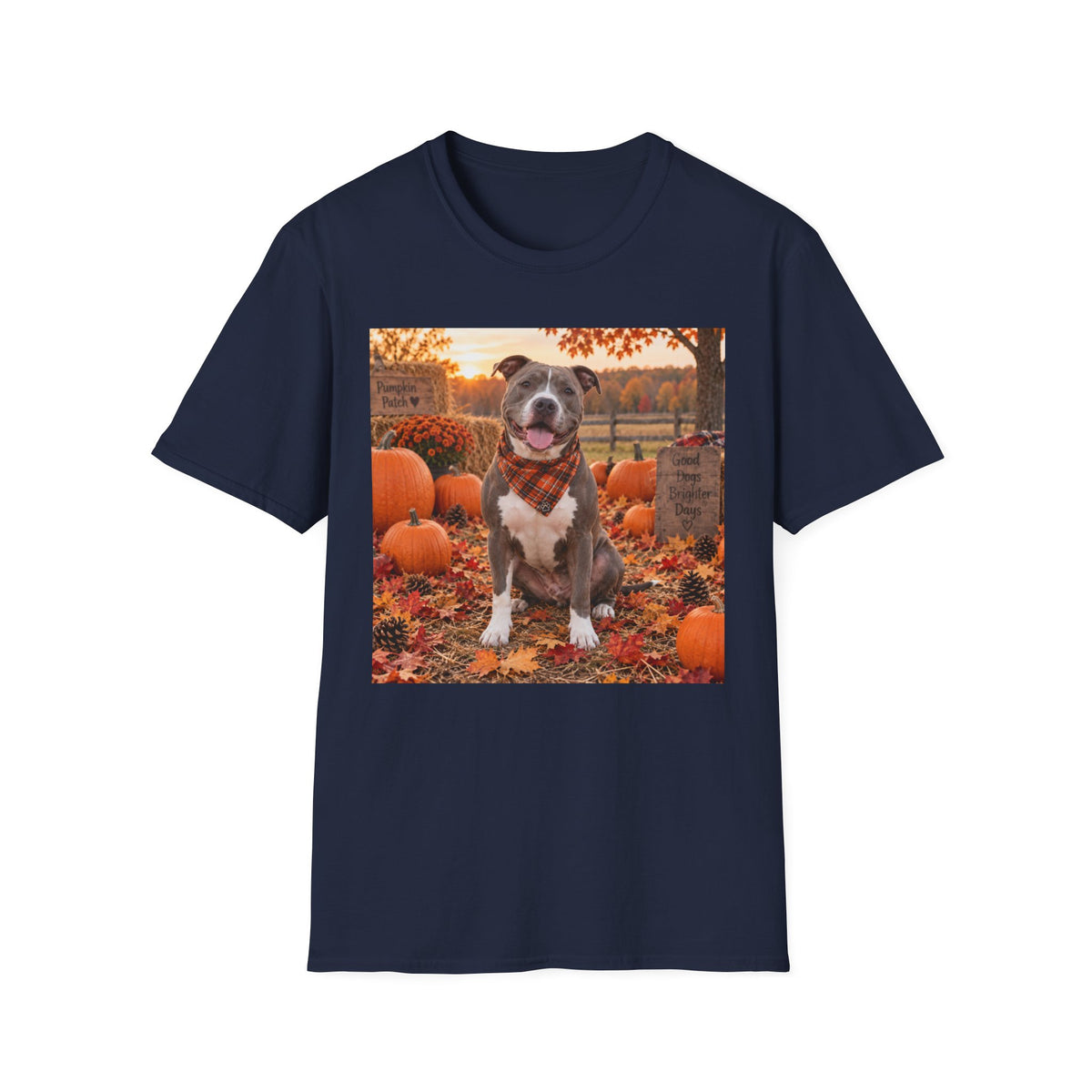 Fall Pumpkin Patch Dog T‑Shirt — Cute Pitbull in Autumn Scene