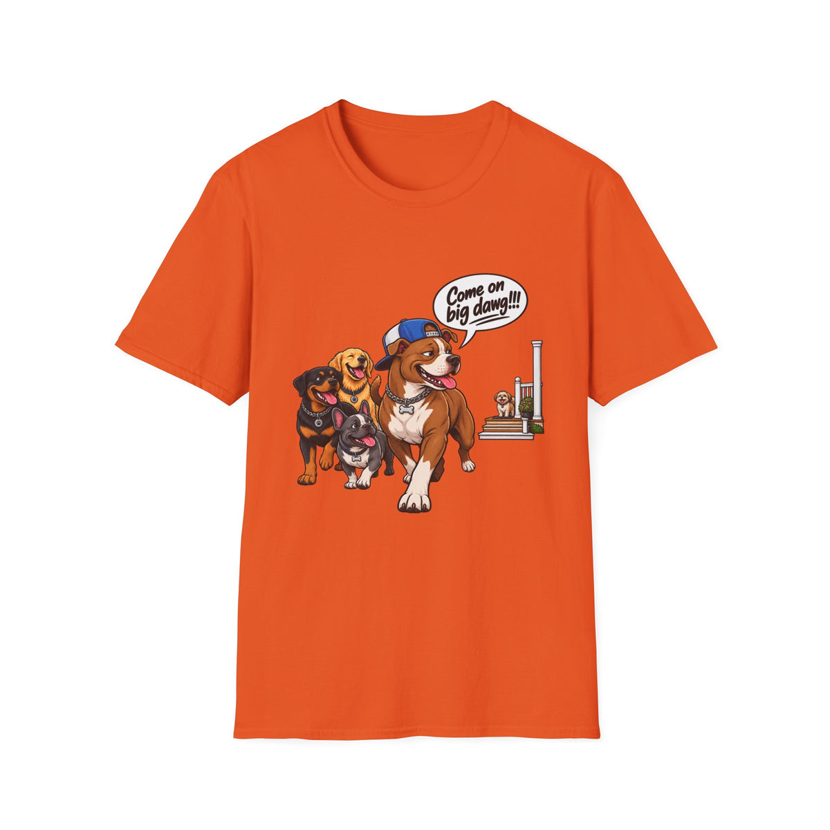 Dog Pack T‑Shirt — “Come on big dawg!” Cartoon Rescue Dogs Tee