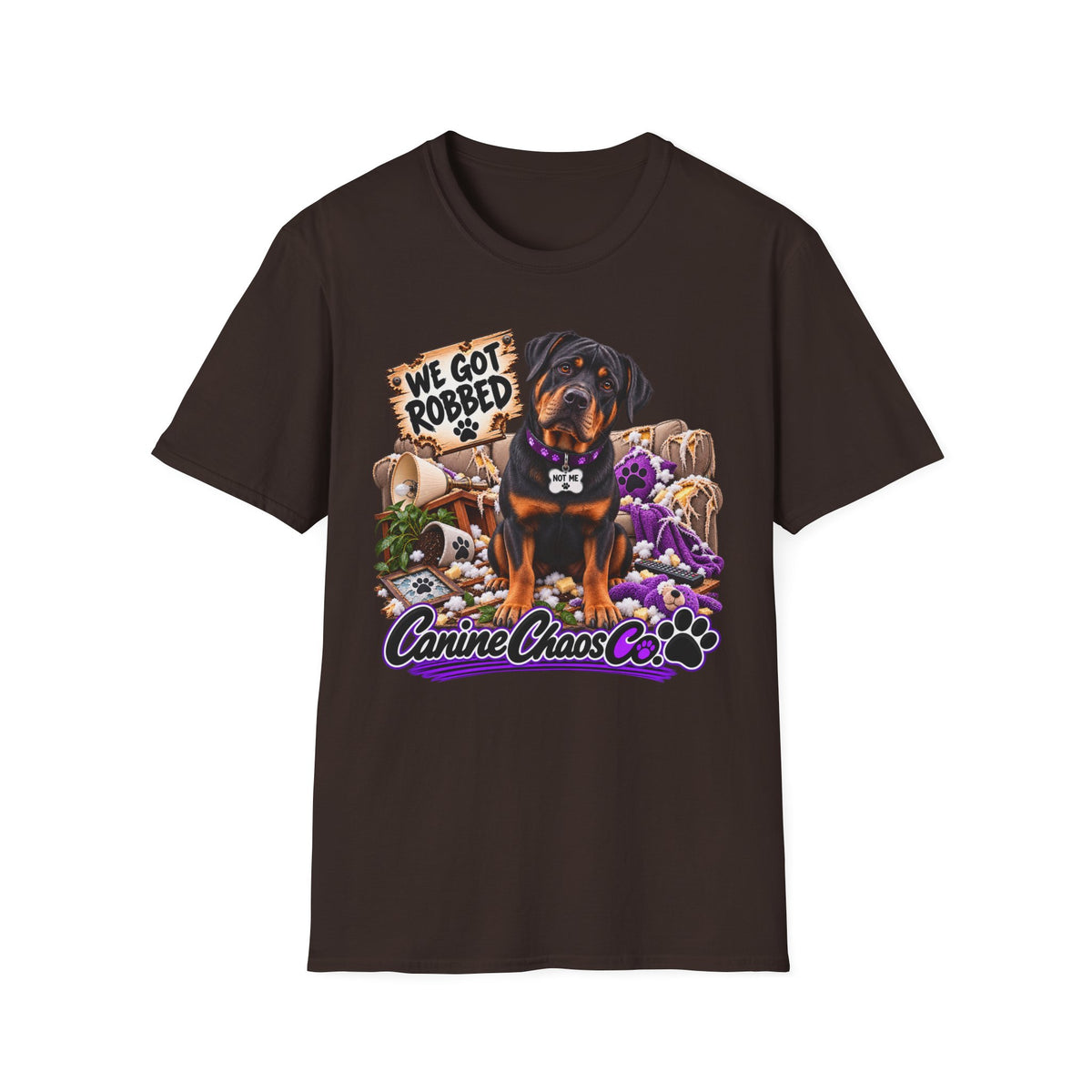 Rottweiler Dog Tee — "We Got Robbed" Canine Chaos Co. Graphic Shirt