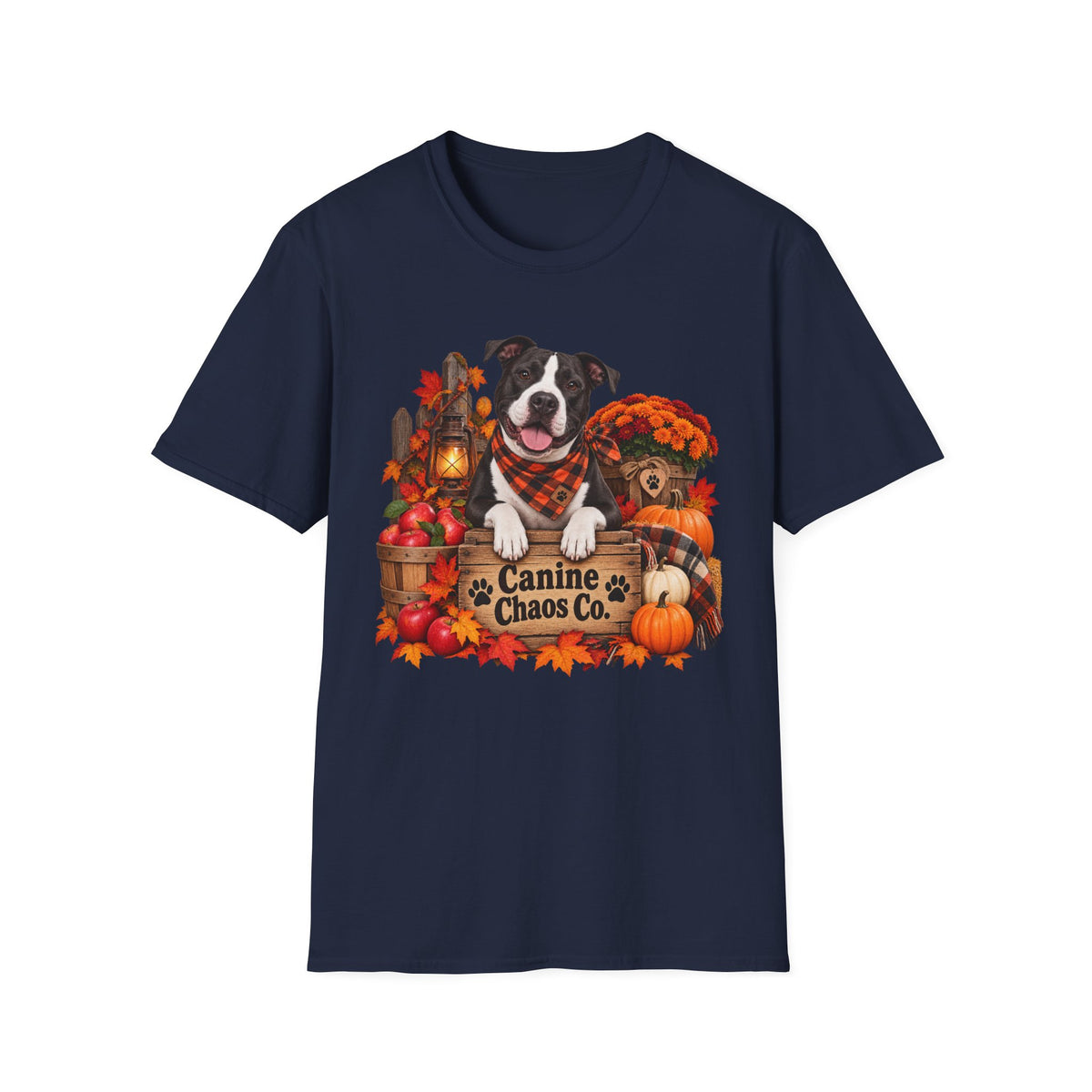 Fall Dog T-Shirt — "Canine Chaos Co." Autumn Pumpkin & Leaves Tee