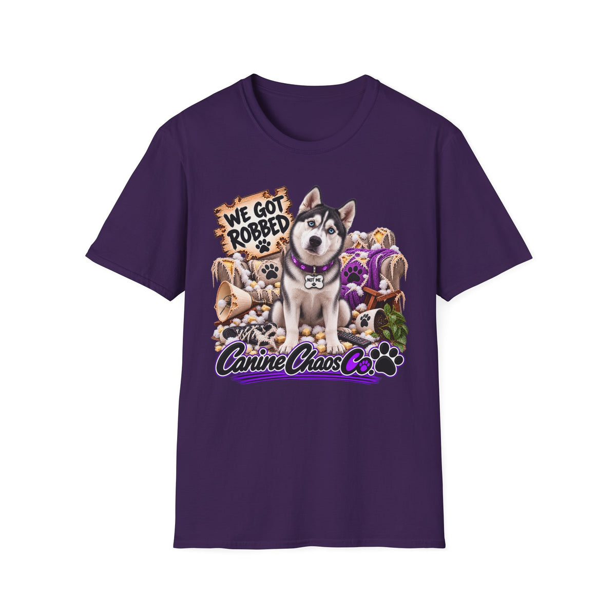 Husky Rescue Tee — “We Got Robbed” Canine Chaos Co. Graphic T-Shirt