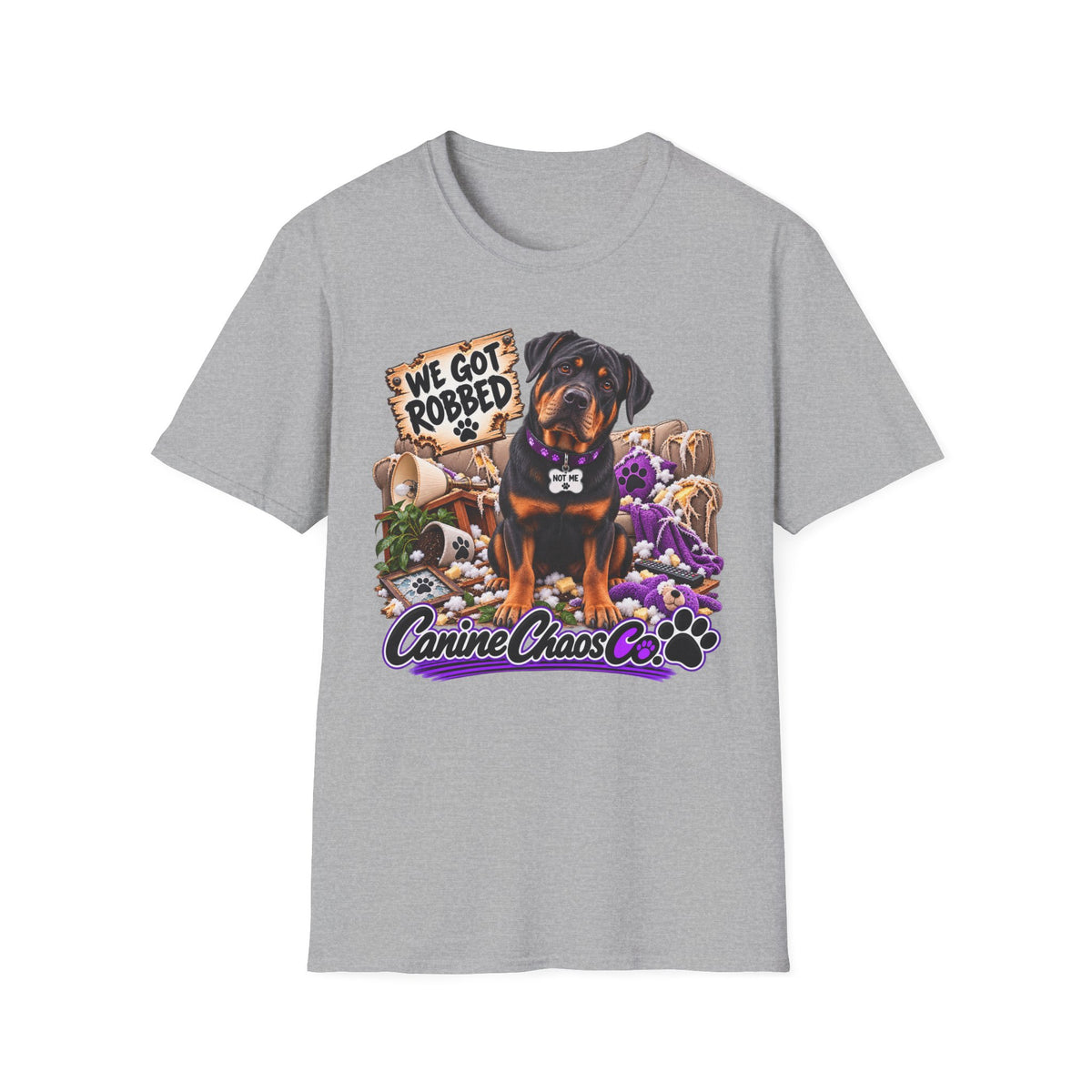 Rottweiler Dog Tee — "We Got Robbed" Canine Chaos Co. Graphic Shirt