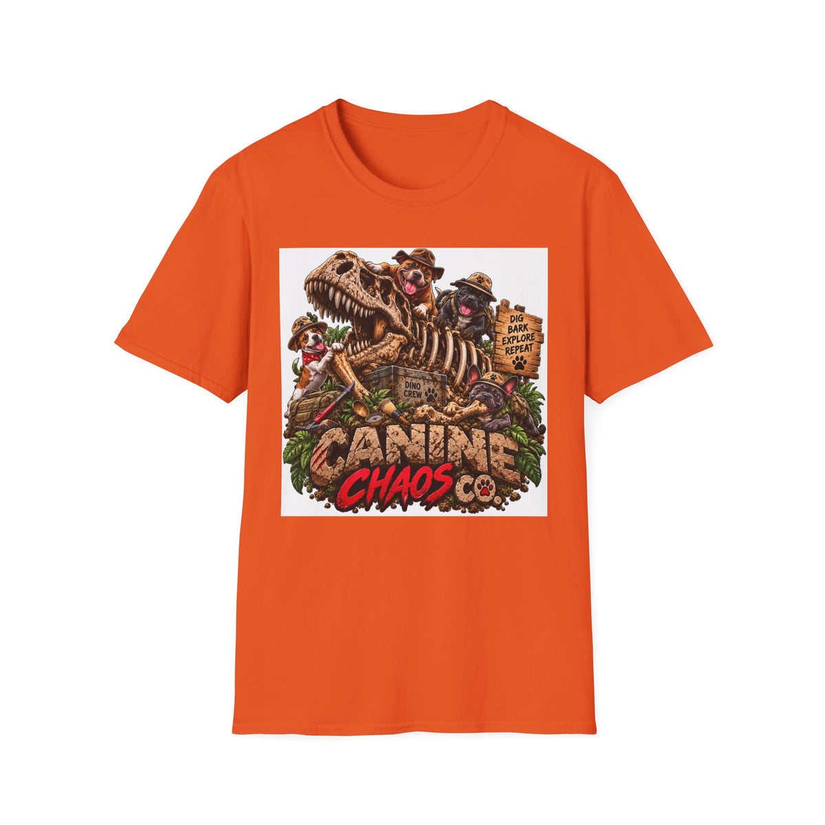 Canine Chaos Co. T-Shirt – Dino Skeleton Dog Adventure Graphic Tee